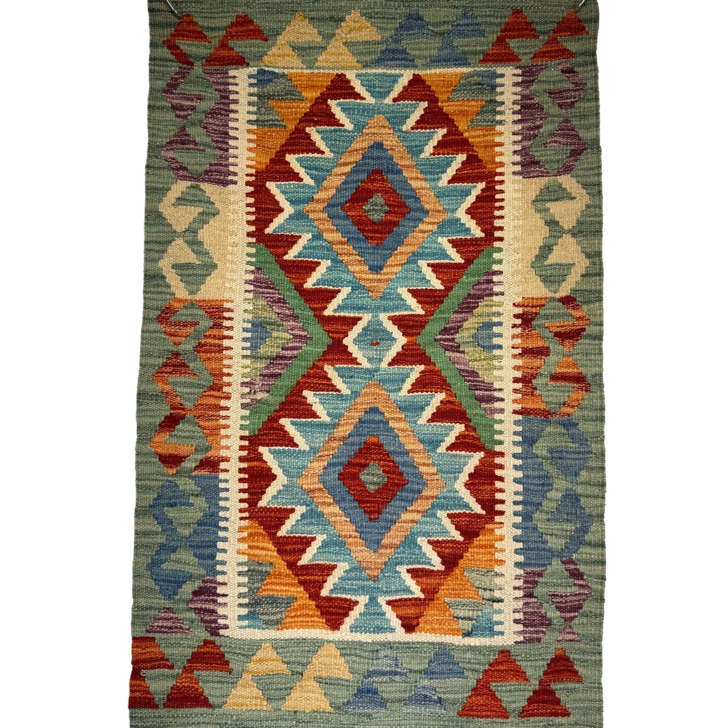 El Dokuma Çok Renkli Küçük Kilim – Kırmızı Turuncu Mavi Geometrik Desenli Otantik Halı (0.57 x 0.91 m) | Nomad Glow Serisi NG-0012