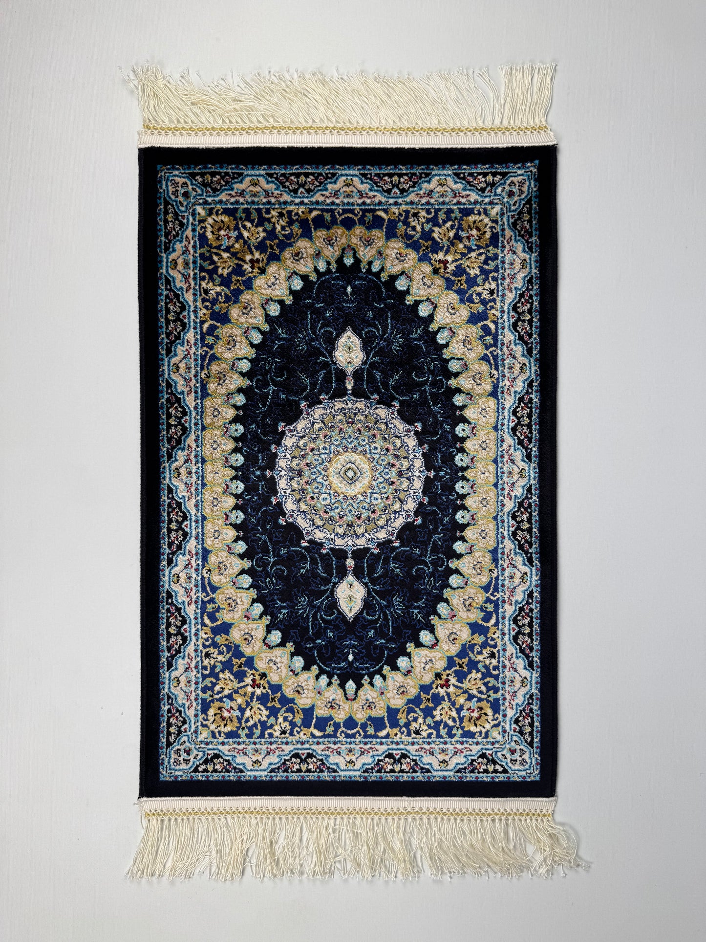 Silken Echo İpeksi Dokuma Halı – Lacivert Zeminli Saray Motifli Küçük Halı (0.40 x 0.60 m) | SE-0034