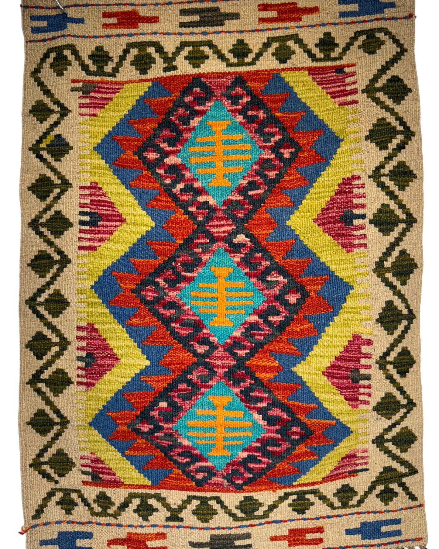 El Dokuma Renkli Küçük Kilim – Kırmızı Sarı Mavi Geometrik Desenli Otantik Halı (0.65 x 0.90 m) | Nomad Glow Serisi NG-0011