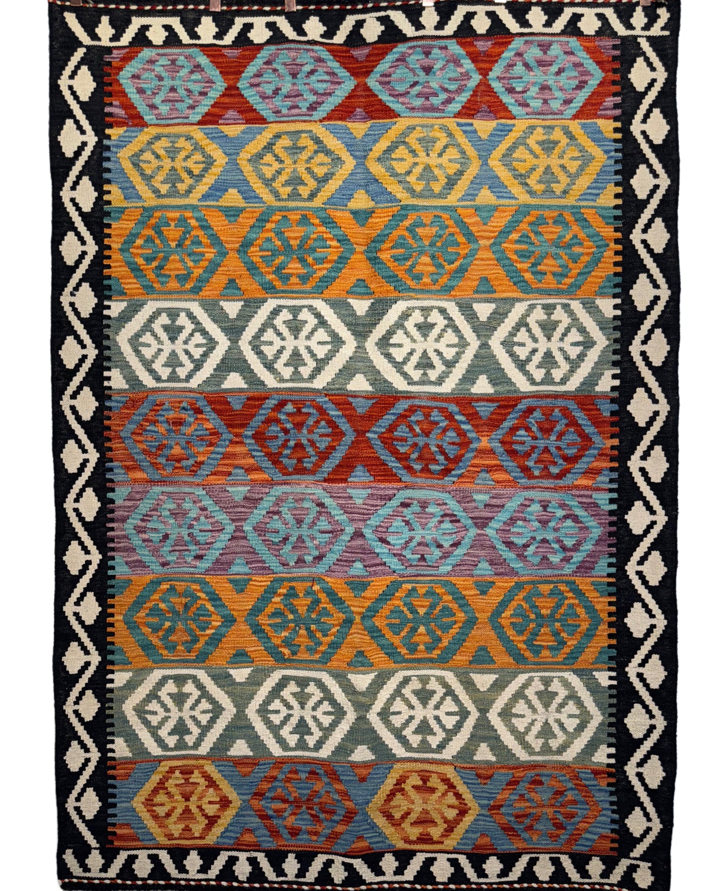 Nomad Glow El Dokuma Kilim – Renkli Sıra Motifli Geometrik Otantik Kilim (1.22 x 1.77 m) | NG-0033