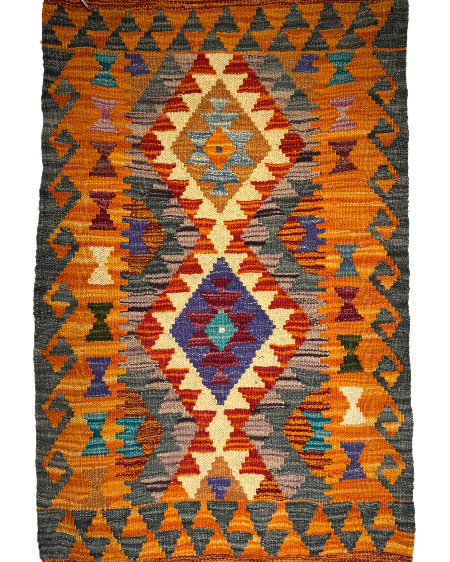 El Dokuma Turuncu-Gri Küçük Kilim – Etnik Desenli Dekoratif Otantik Halı (0.60 x 0.93 m) | Nomad Glow Serisi NG-0009