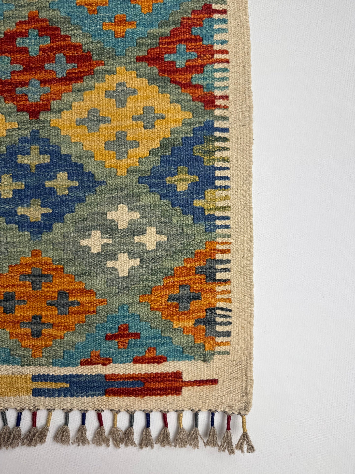El Dokuma Uzun Kilim – Mavi Turuncu Sarı Geometrik Desenli Otantik Dekoratif Halı (0.53 x 1.40 m) | Nomad Glow Serisi NG-0016
