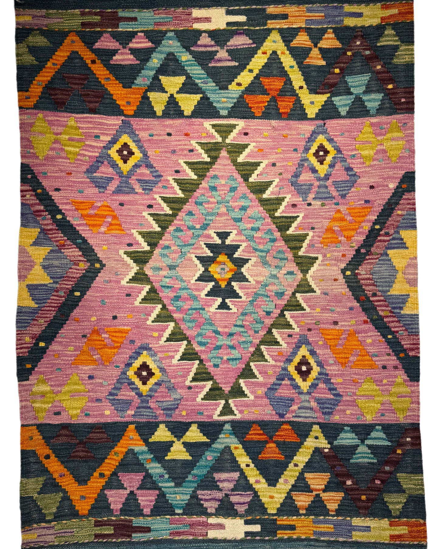 Nomad Glow El Dokuma Kilim – Pembe Zemin Çok Renkli Geometrik Otantik Kilim (0.88 x 1.23 m) | NG-0021