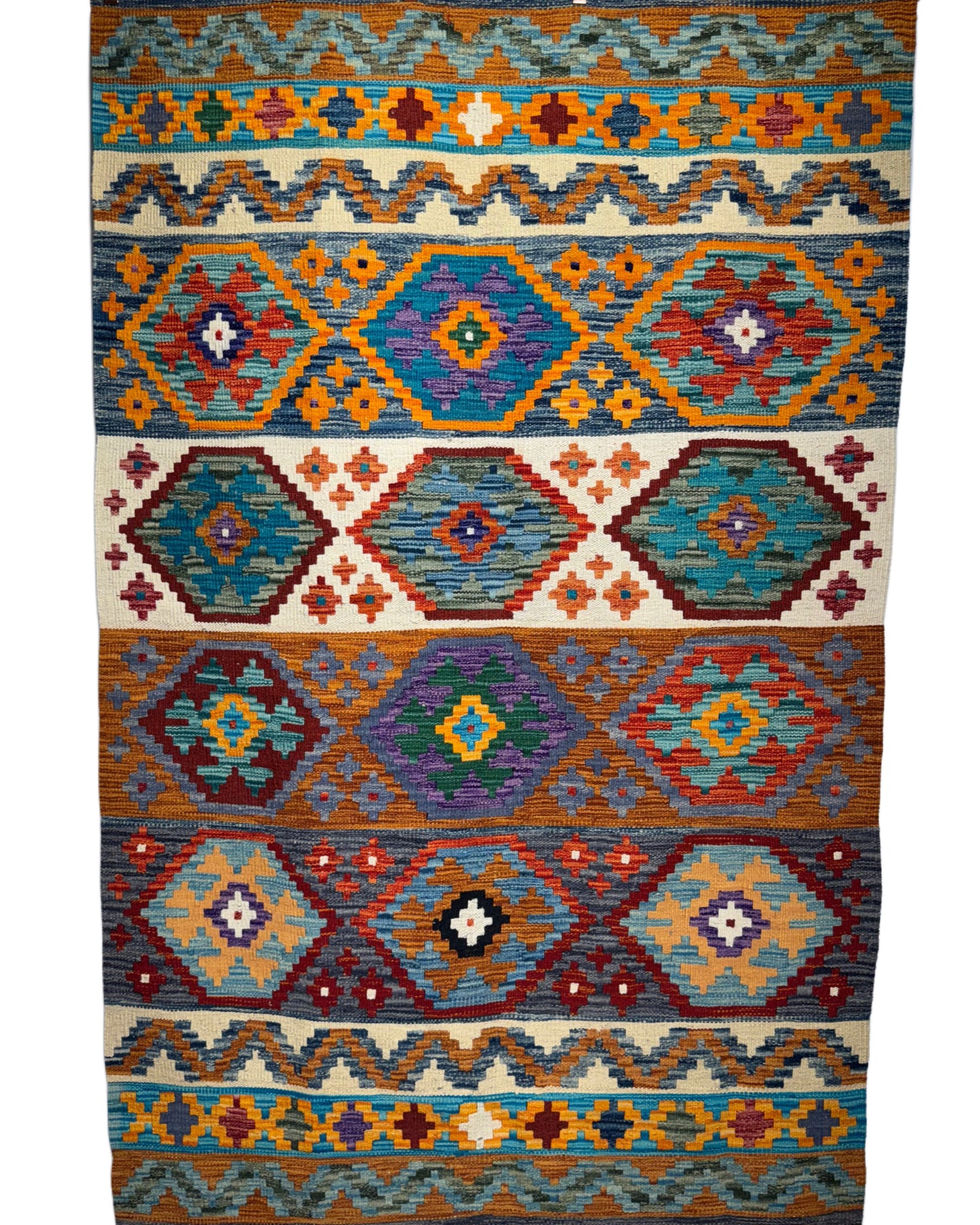 Nomad Glow El Dokuma Kilim – Turuncu Zeminli Çok Renkli Elmas Desenli Otantik Kilim (1.28 x 2.02 m) | NG-0030