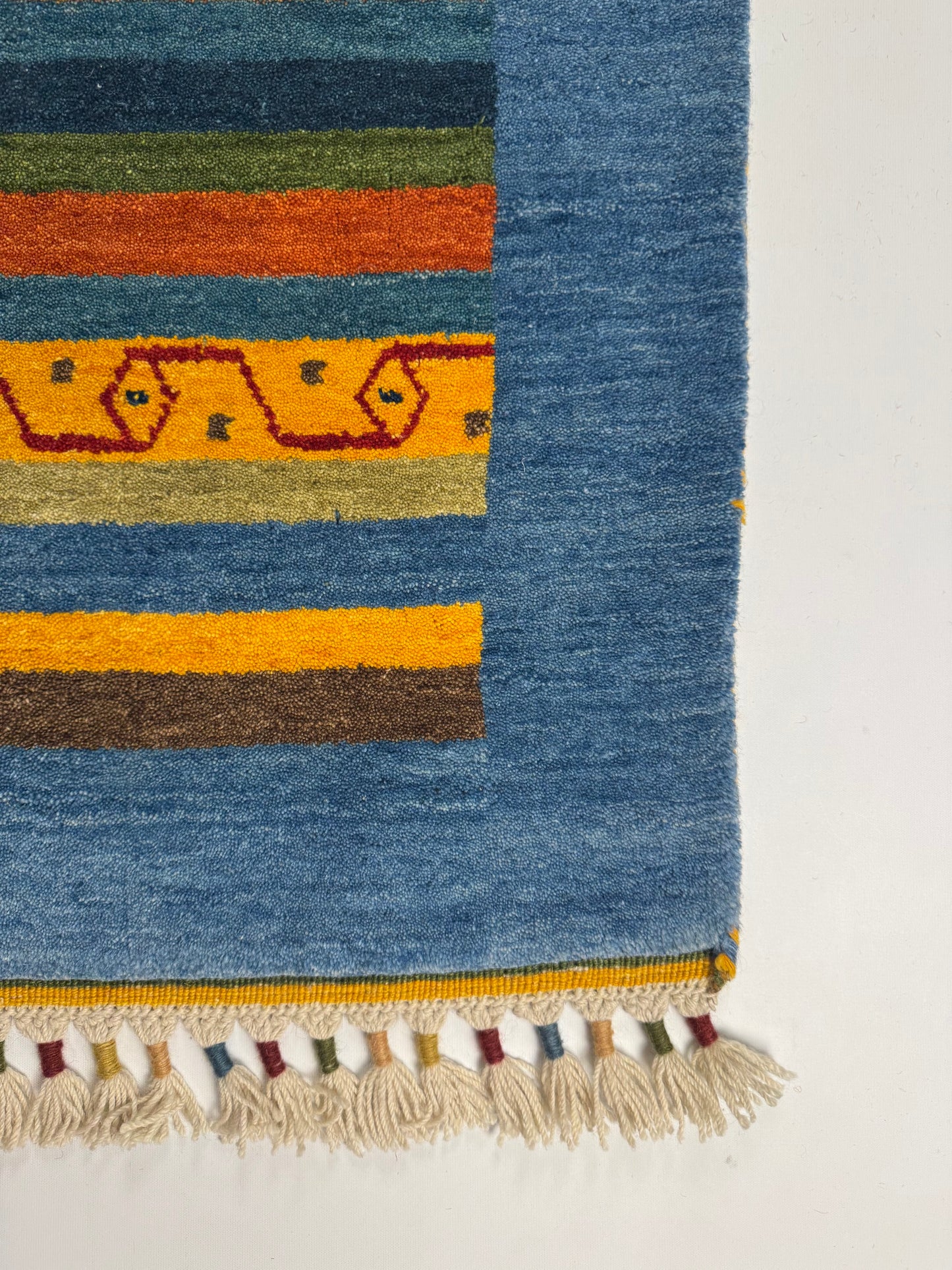 Color Loom El Dokuma Halı CL-0018 | Mavi Çizgili ve Motifli Yolluk Türk Halısı, El Yapımı Bohem Kilim