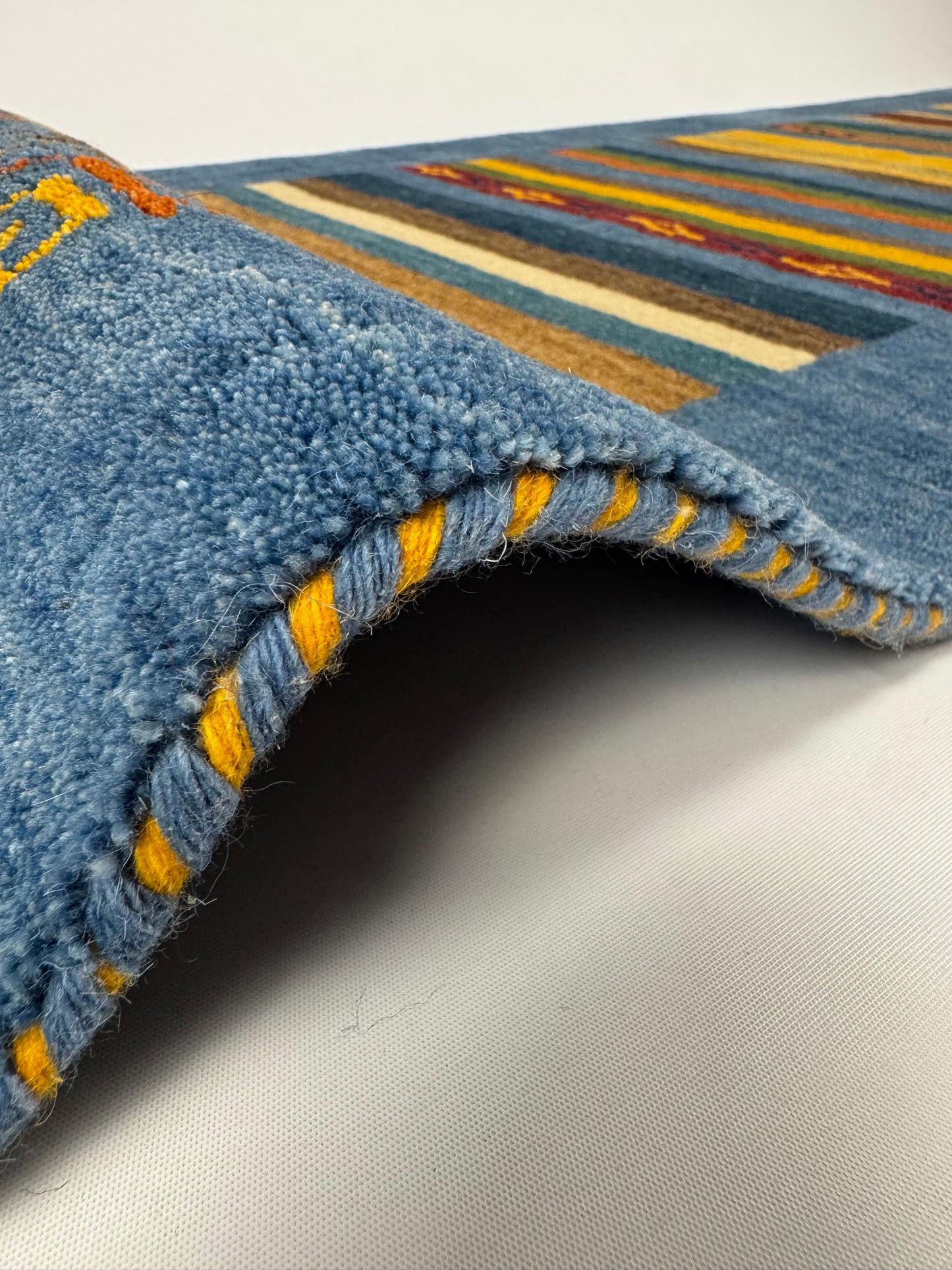 Color Loom El Dokuma Halı CL-0018 | Mavi Çizgili ve Motifli Yolluk Türk Halısı, El Yapımı Bohem Kilim