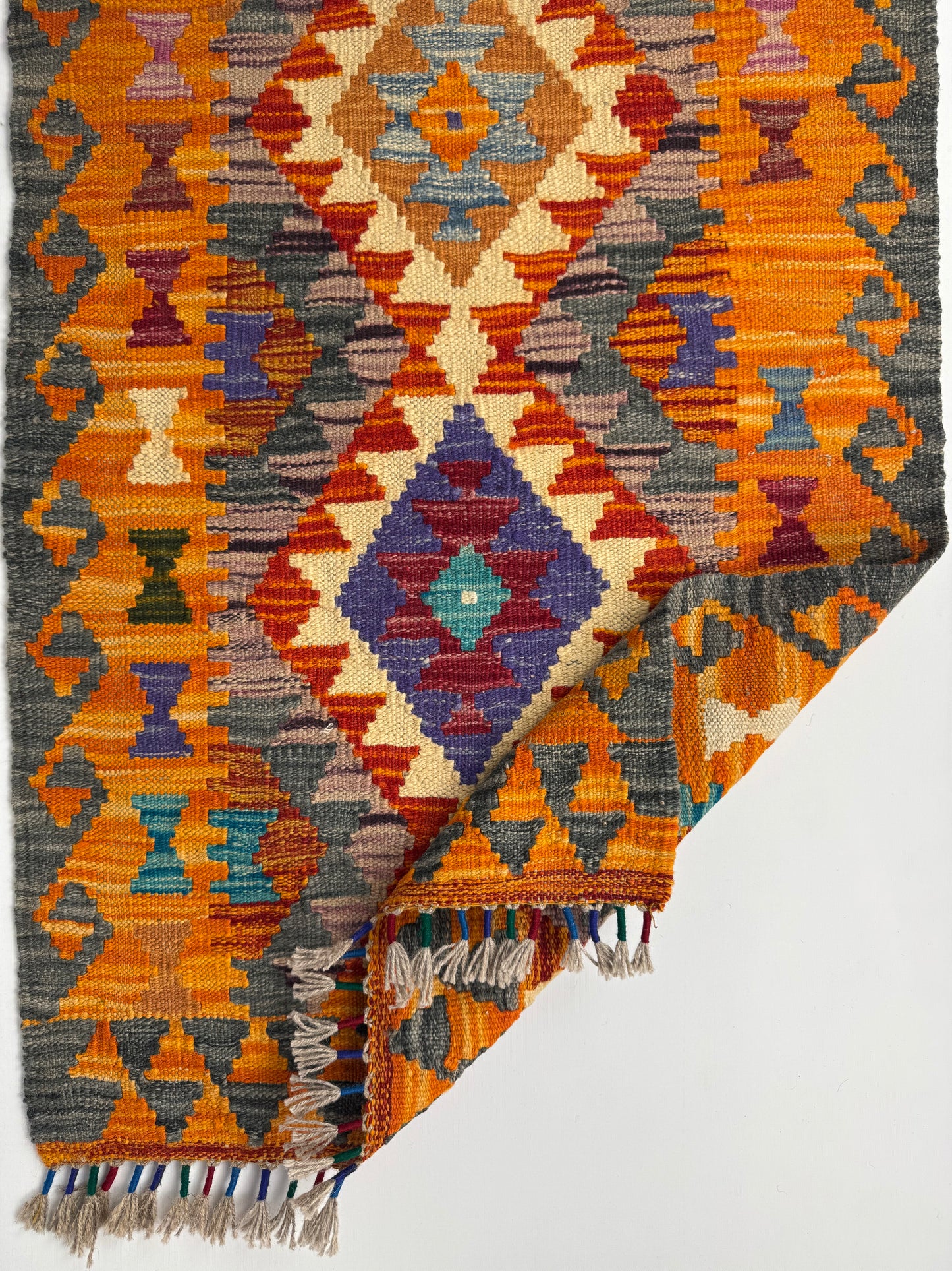 El Dokuma Turuncu-Gri Küçük Kilim – Etnik Desenli Dekoratif Otantik Halı (0.60 x 0.93 m) | Nomad Glow Serisi NG-0009