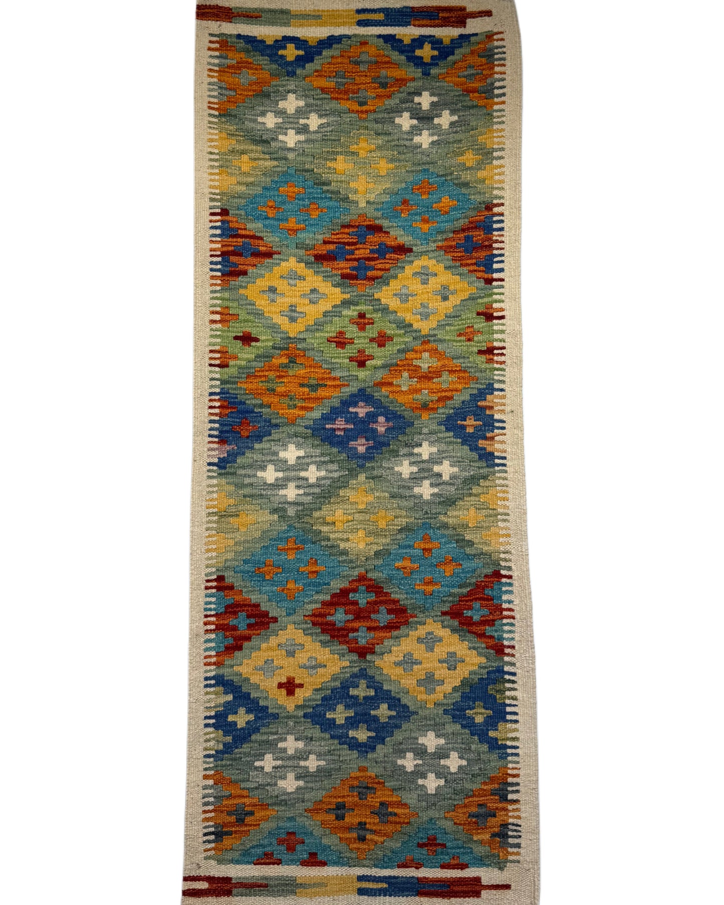 El Dokuma Uzun Kilim – Mavi Turuncu Sarı Geometrik Desenli Otantik Dekoratif Halı (0.53 x 1.40 m) | Nomad Glow Serisi NG-0016