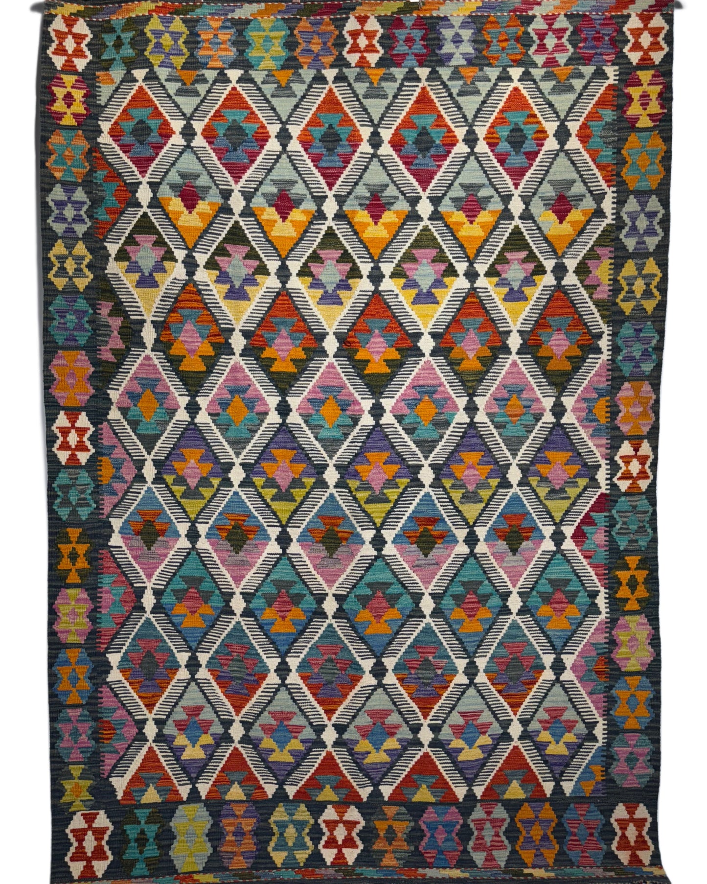 Nomad Glow El Dokuma Kilim – Çok Renkli Elmas Motifli Geniş Otantik Kilim (1.68 x 2.47 m) | NG-0036