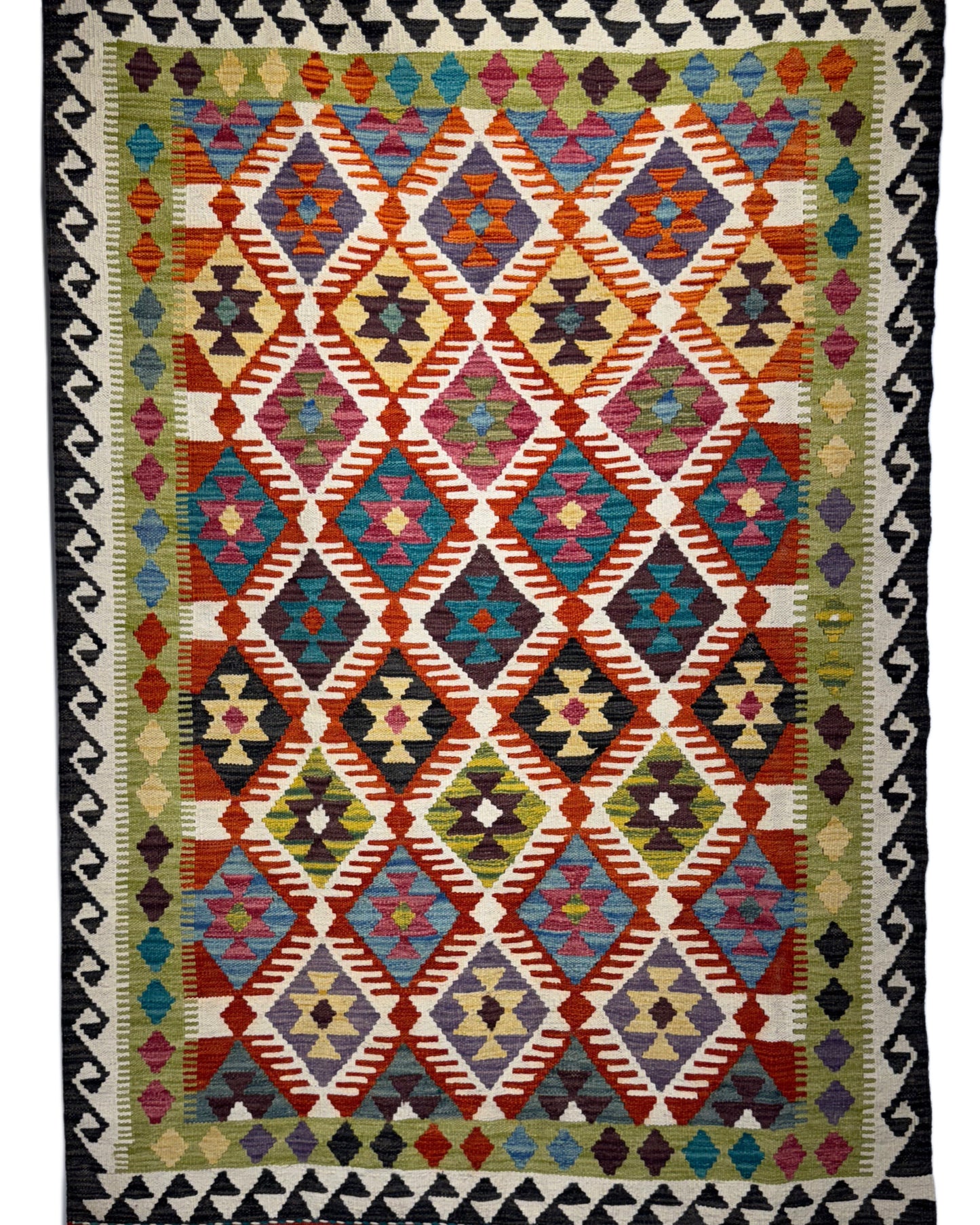 Nomad Glow El Dokuma Kilim – Sarı Zeminli Kırmızı ve Mavi Elmas Desenli Otantik Kilim (1.22 x 1.80 m) | NG-0031