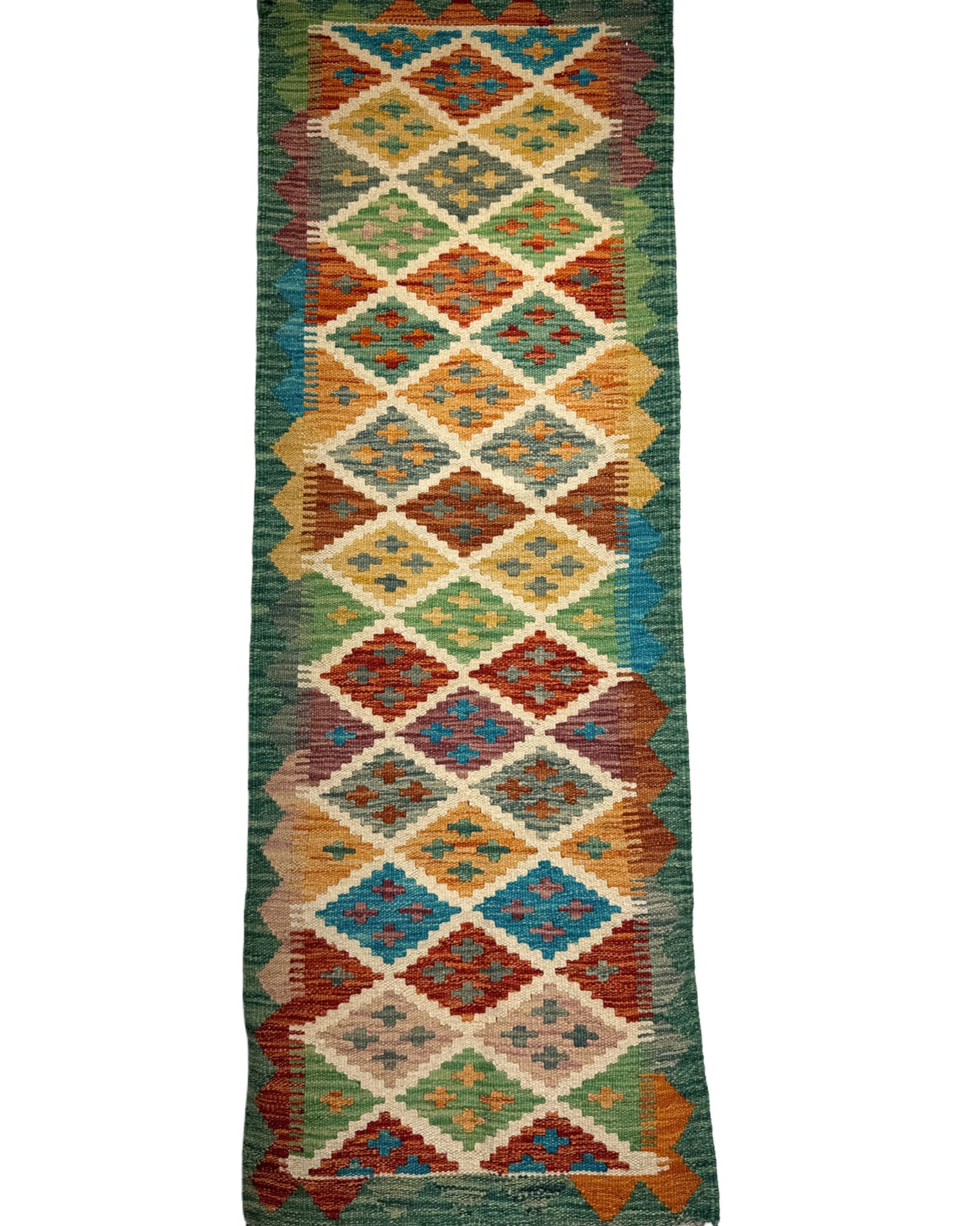 El Dokuma Uzun Kilim – Krem Turuncu Mavi Çok Renkli Geometrik Desenli Otantik Halı (0.49 x 1.41 m) | Nomad Glow Serisi NG-0015