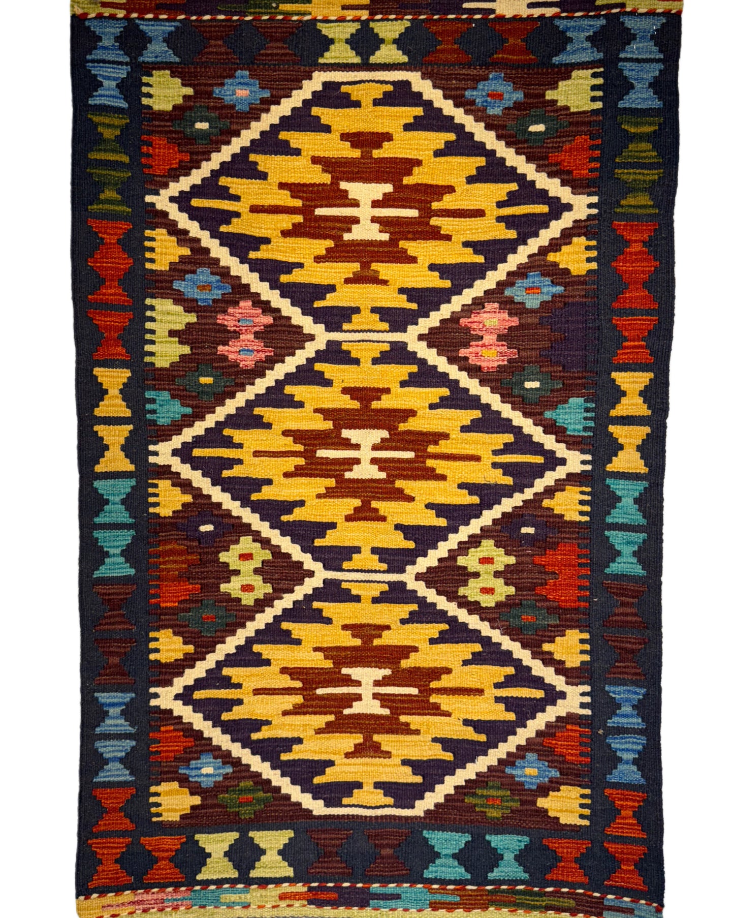 Nomad Glow El Dokuma Kilim – Sarı Kırmızı Lacivert Geometrik Desenli Otantik Kilim (0.78 x 1.22 m) | NG-0018