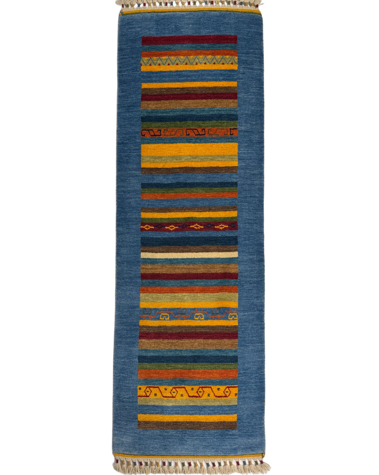 Color Loom El Dokuma Halı CL-0018 | Mavi Çizgili ve Motifli Yolluk Türk Halısı, El Yapımı Bohem Kilim