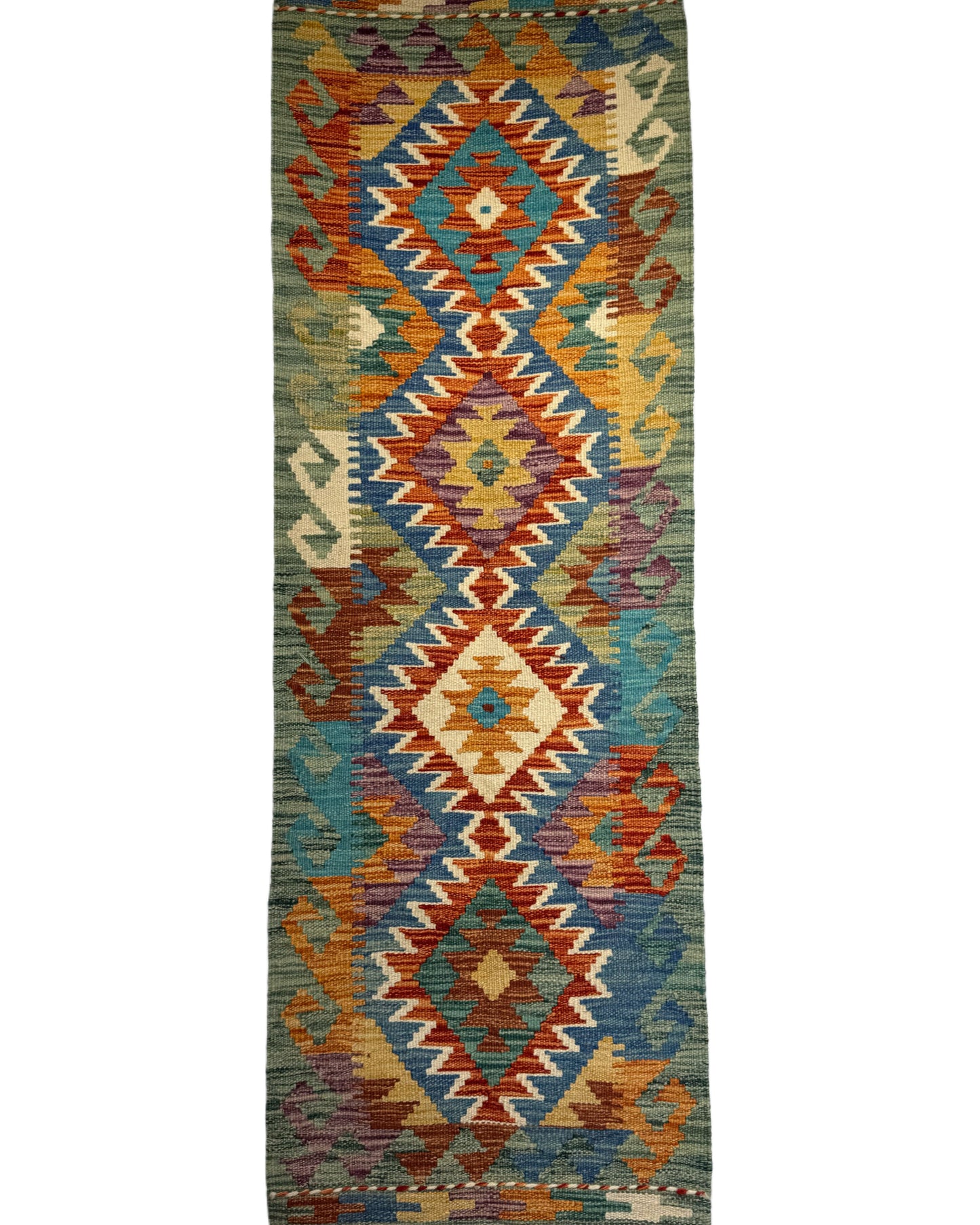El Dokuma Uzun Kilim – Turuncu Mavi Çok Renkli Geometrik Desenli Otantik Halı (0.51 x 1.49 m) | Nomad Glow Serisi NG-0014