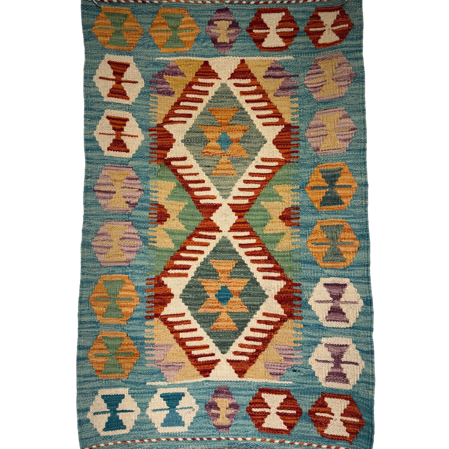 El Dokuma Turkuaz-Krem Küçük Kilim – Otantik Geometrik Desenli Dekoratif Halı (0.62 x 0.90 m) | Nomad Glow Serisi NG-0010