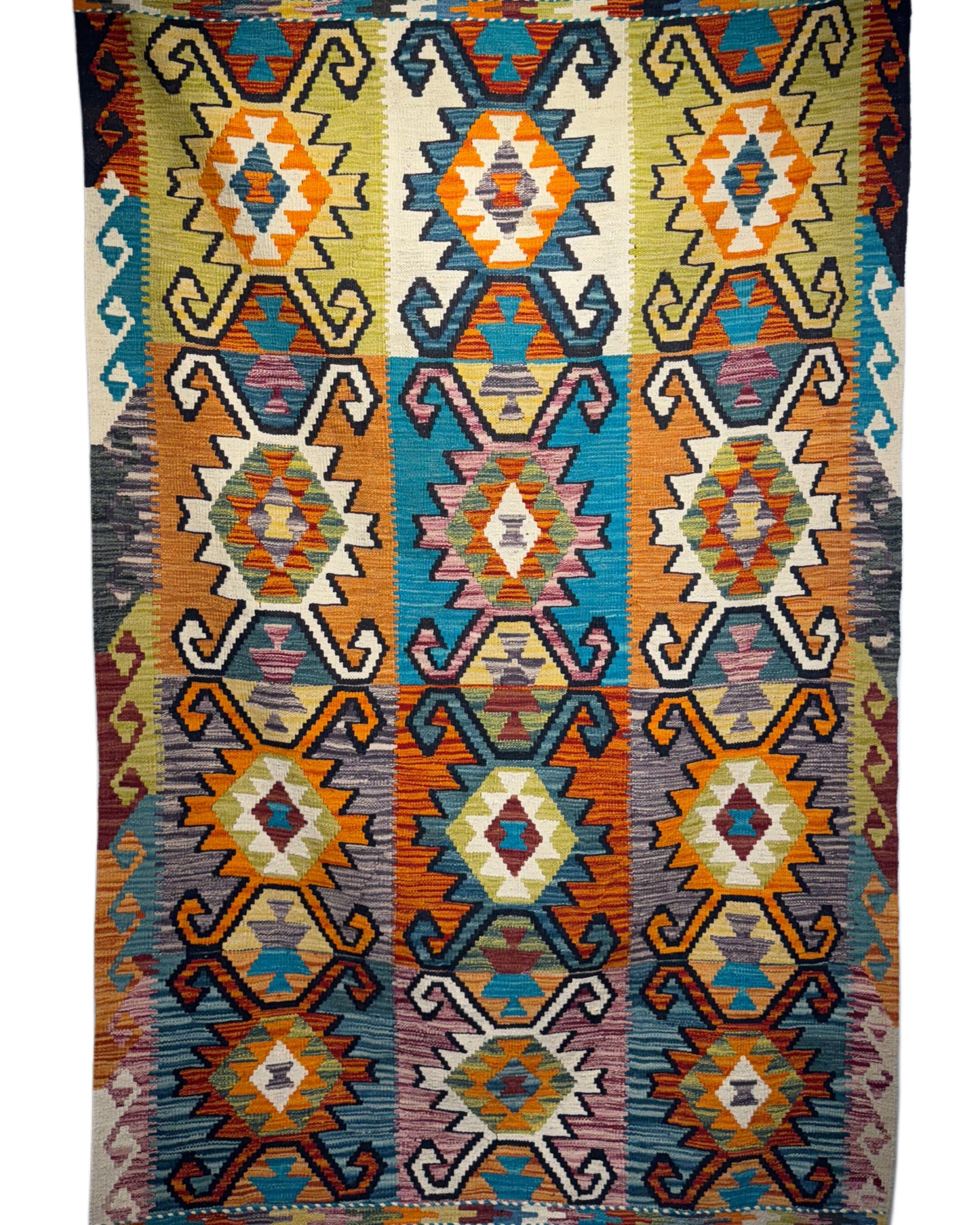 Nomad Glow El Dokuma Kilim – Sarı Zeminli Canlı Geometrik Desenli Otantik Kilim (1.29 x 2.02 m) | NG-0025