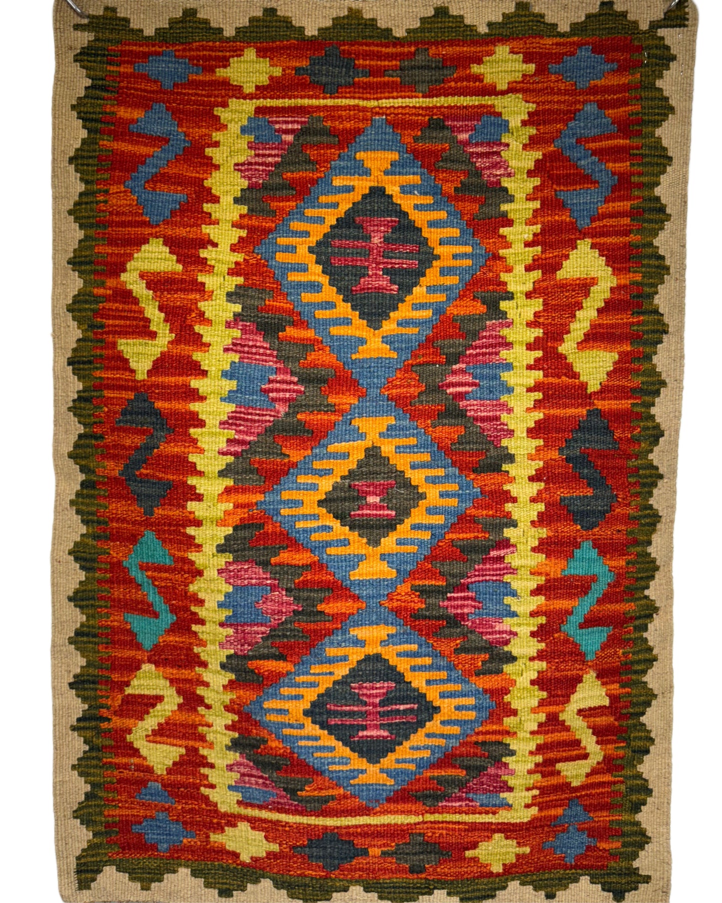 El Dokuma Kırmızı-Sarı Küçük Kilim – Canlı Geometrik Desenli Otantik Halı (0.64 x 0.90 m) | Nomad Glow Serisi NG-0008