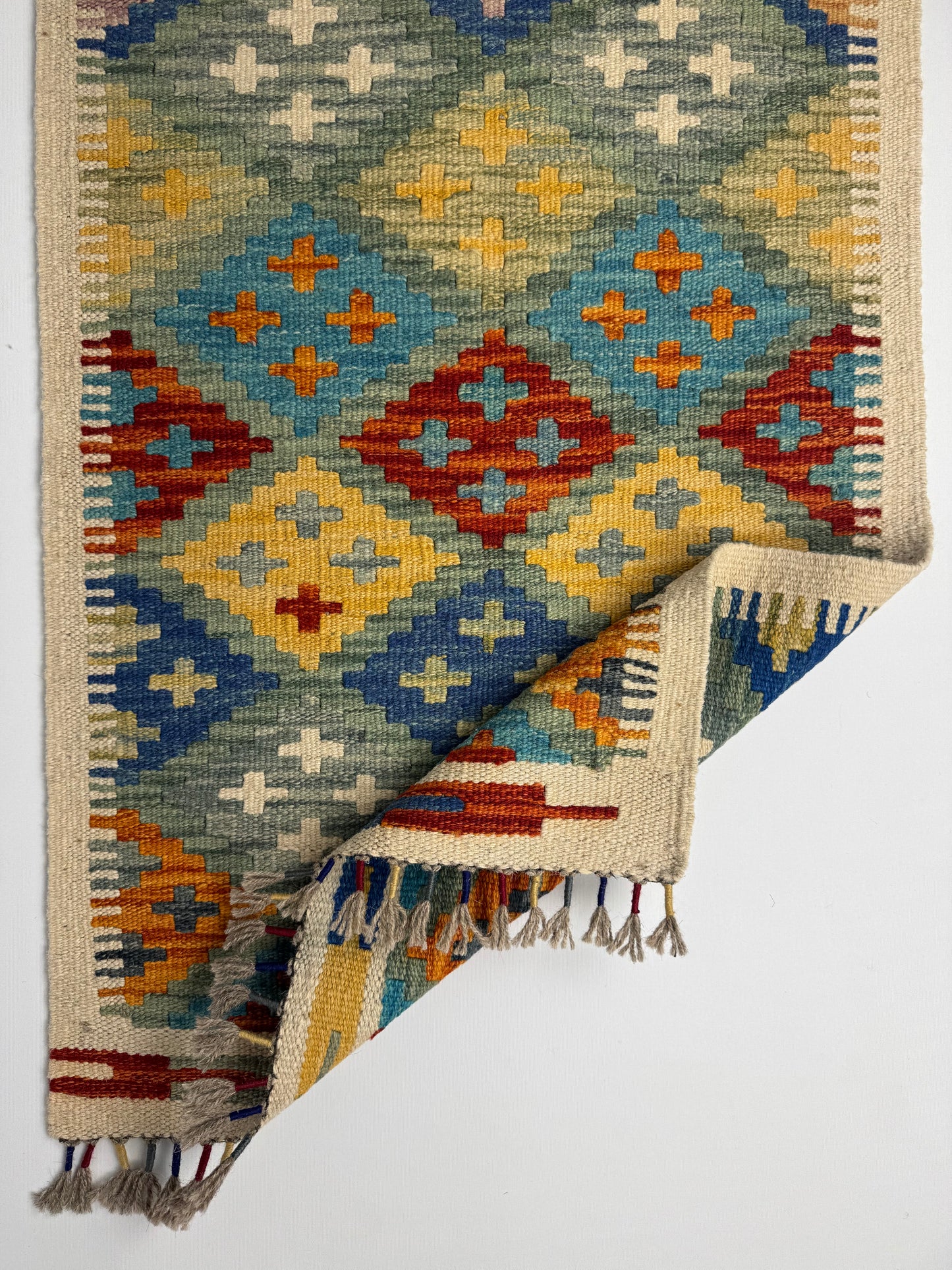El Dokuma Uzun Kilim – Mavi Turuncu Sarı Geometrik Desenli Otantik Dekoratif Halı (0.53 x 1.40 m) | Nomad Glow Serisi NG-0016