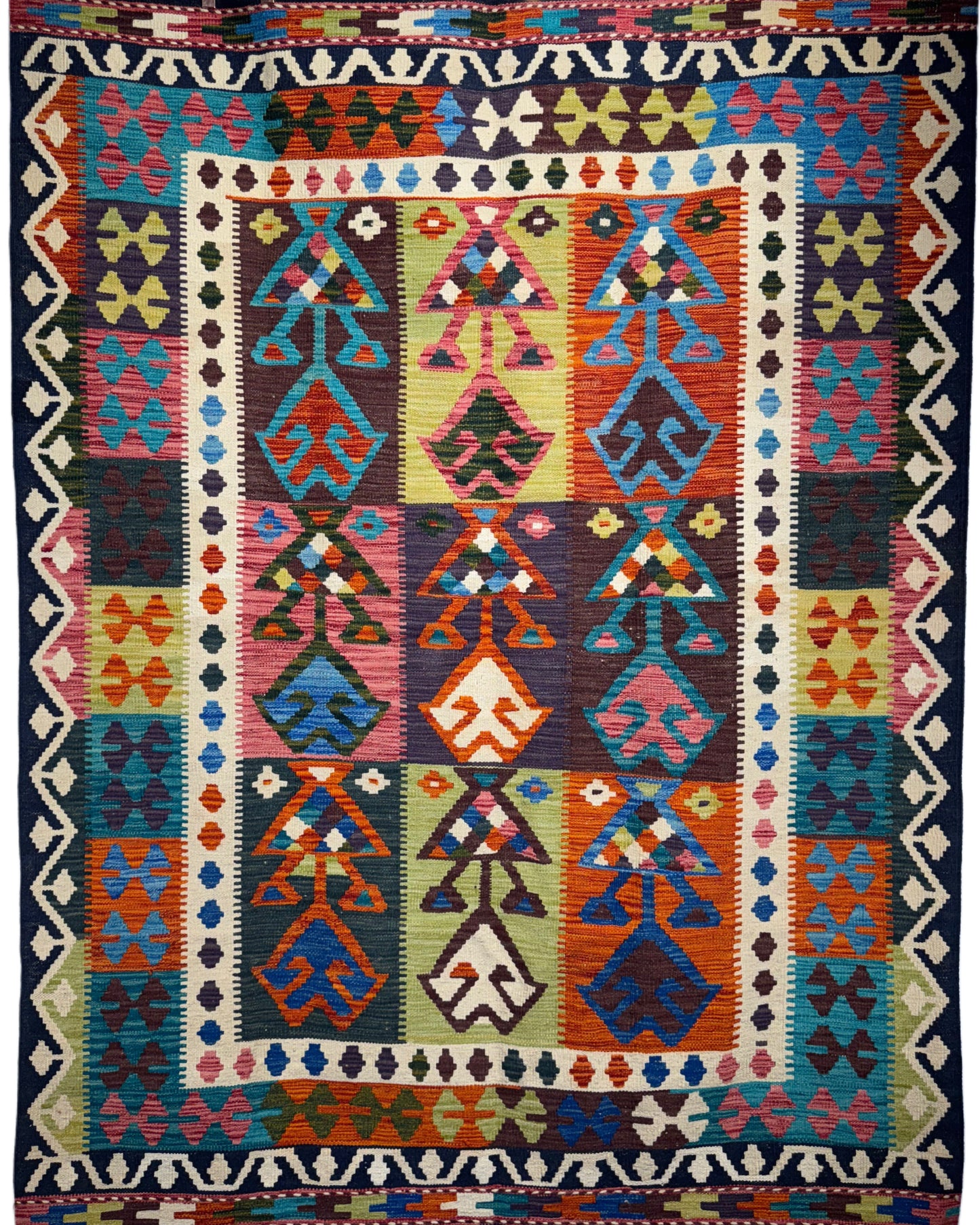 Nomad Glow El Dokuma Kilim – Mor Zeminli Canlı Renkli Geometrik Otantik Kilim (1.54 x 2.06 m) | NG-0029