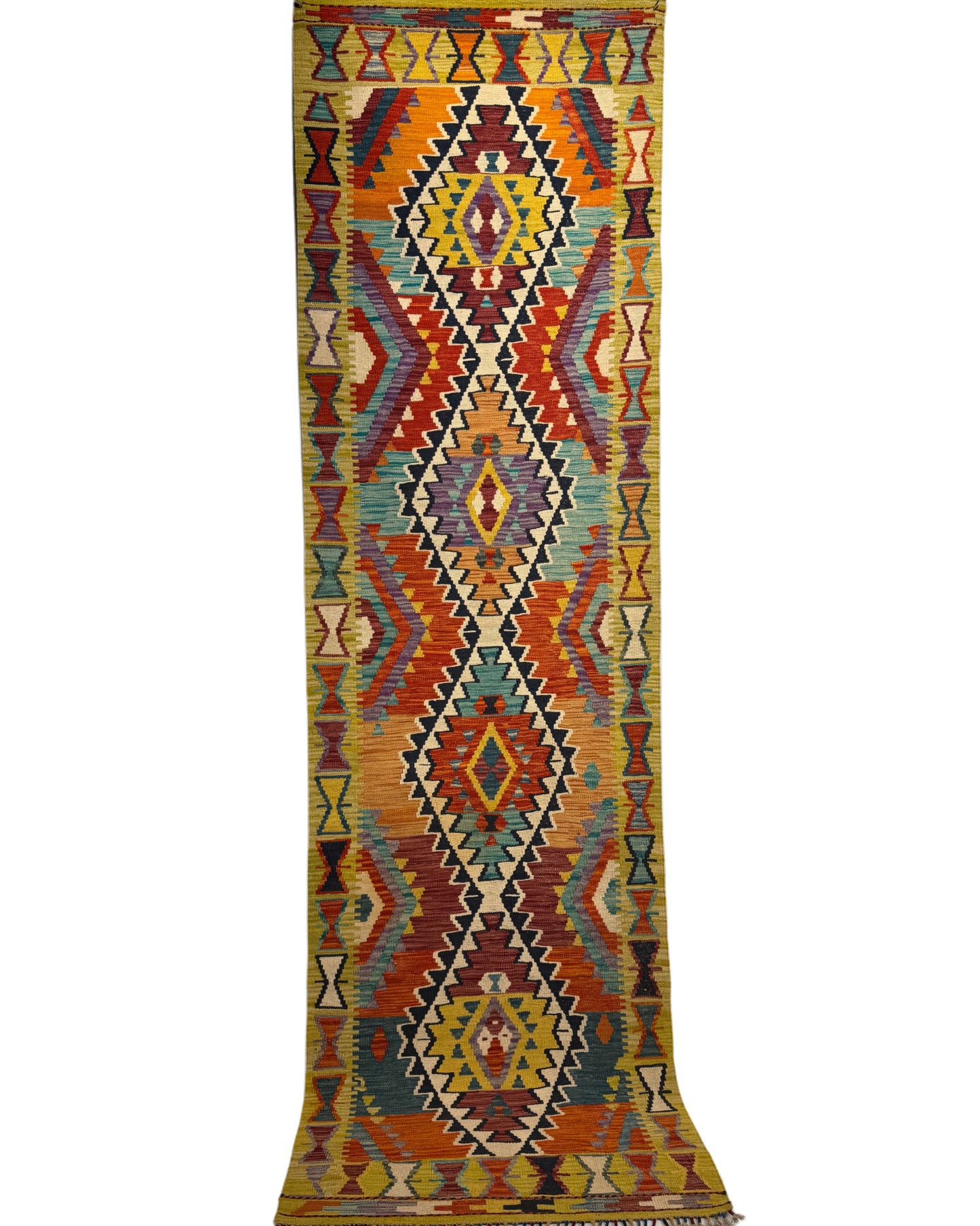 Nomad Glow El Dokuma Kilim – Sarı, Turuncu ve Mavi Geometrik Desenli Otantik Kilim (0.83 x 2.88 m) | NG-0026