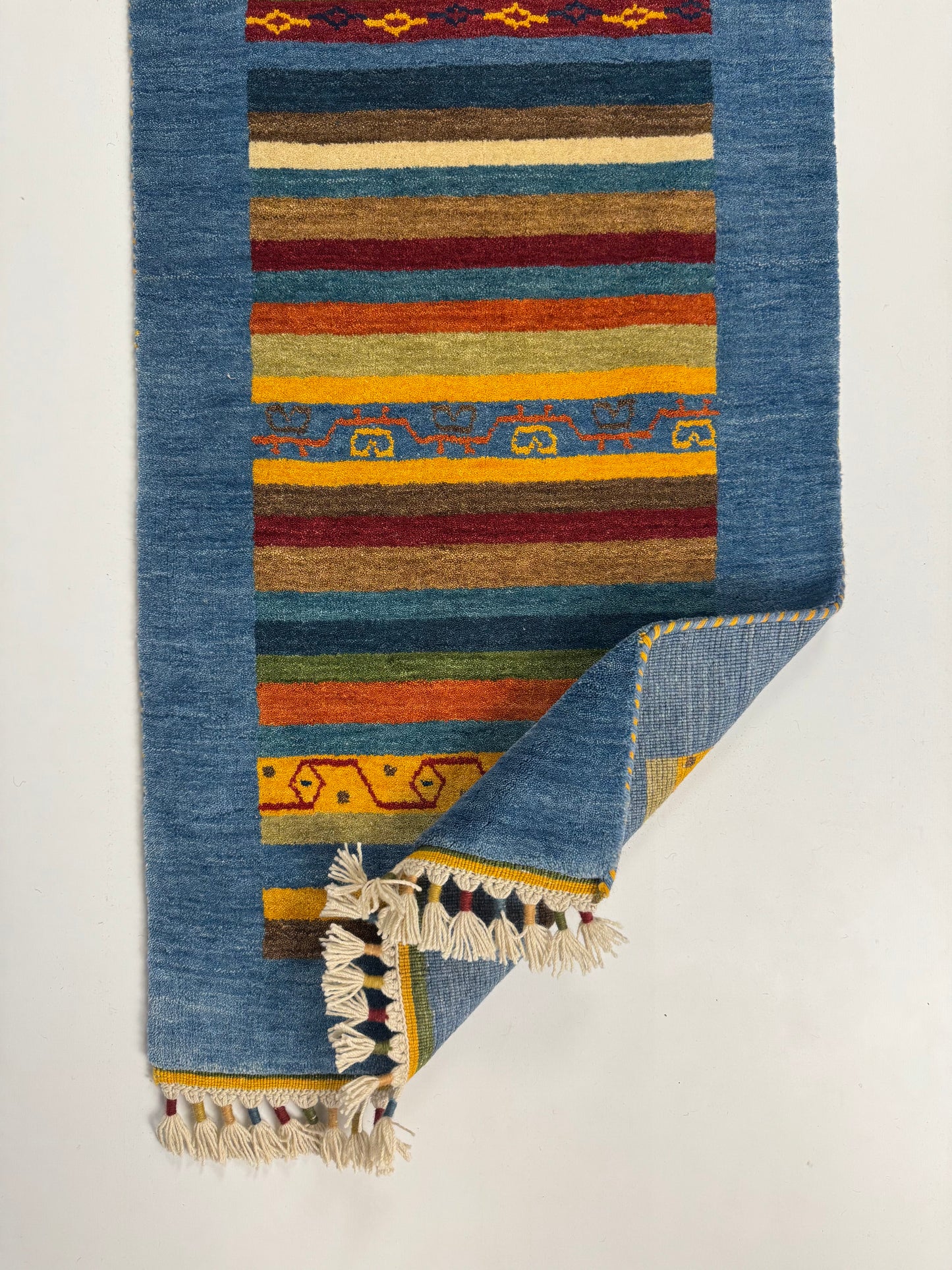 Color Loom El Dokuma Halı CL-0018 | Mavi Çizgili ve Motifli Yolluk Türk Halısı, El Yapımı Bohem Kilim