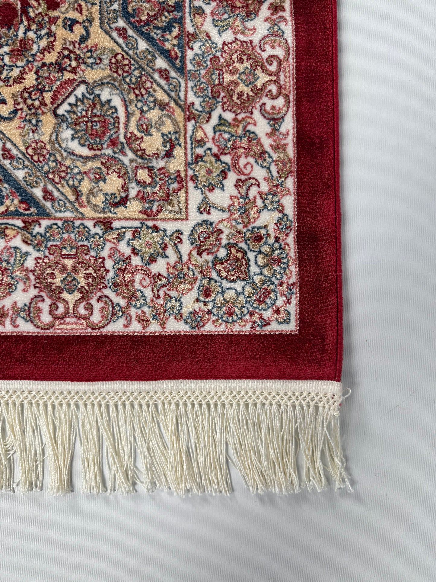 Silken Echo Halı – Bordo Mavi Krem İpeksi Dokulu Medallion Desenli Klasik Dekoratif Halı (0.80 x 1.25 m) | SE-0053