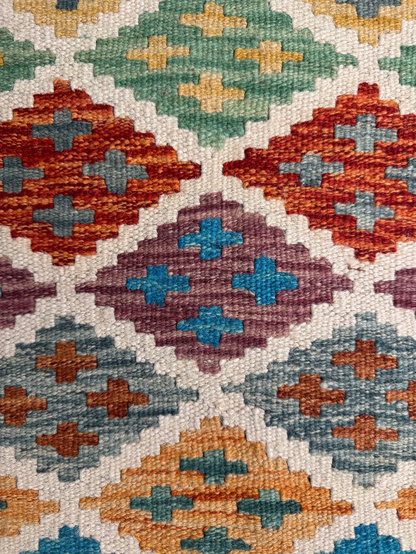 El Dokuma Uzun Kilim – Krem Turuncu Mavi Çok Renkli Geometrik Desenli Otantik Halı (0.49 x 1.41 m) | Nomad Glow Serisi NG-0015