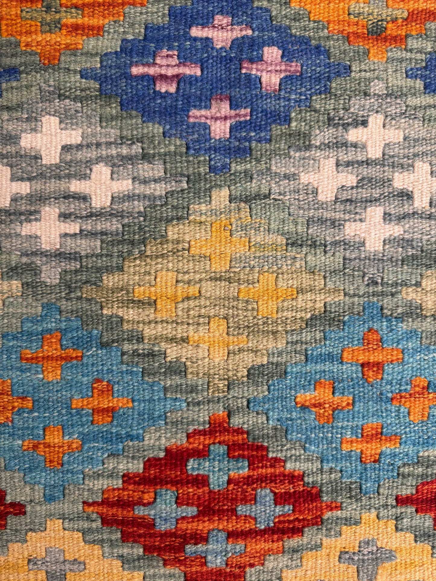 El Dokuma Uzun Kilim – Mavi Turuncu Sarı Geometrik Desenli Otantik Dekoratif Halı (0.53 x 1.40 m) | Nomad Glow Serisi NG-0016
