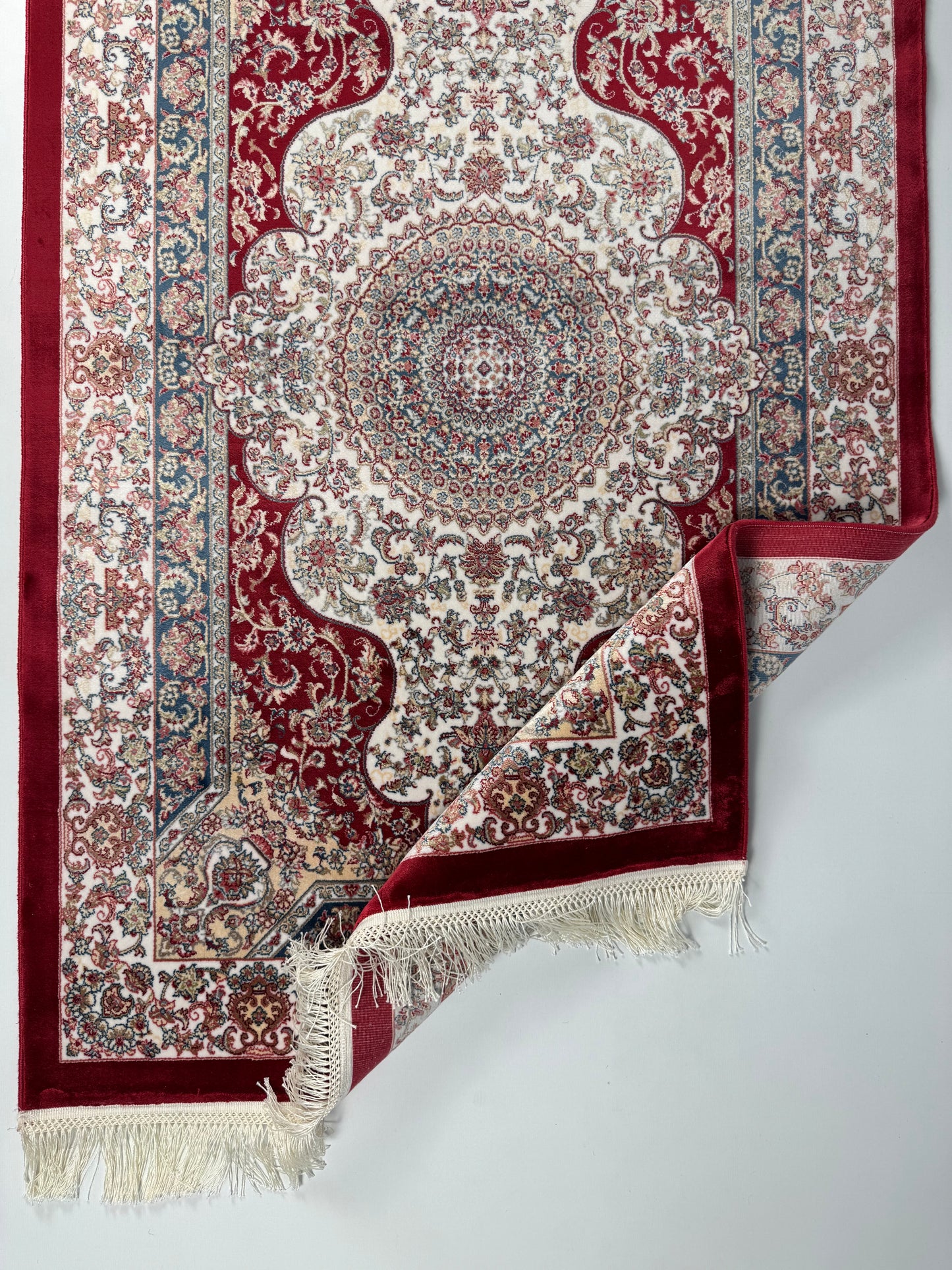 Silken Echo Halı – Bordo Mavi Krem İpeksi Dokulu Medallion Desenli Klasik Dekoratif Halı (0.80 x 1.25 m) | SE-0053