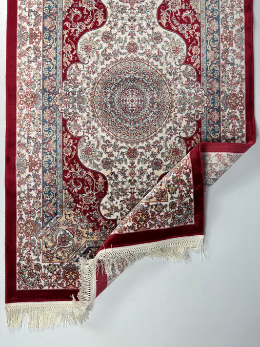 Silken Echo Halı – Bordo Mavi Krem İpeksi Dokulu Medallion Desenli Klasik Dekoratif Halı (0.80 x 1.25 m) | SE-0053