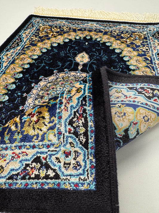Silken Echo İpeksi Dokuma Halı – Lacivert Zeminli Saray Motifli Küçük Halı (0.40 x 0.60 m) | SE-0034