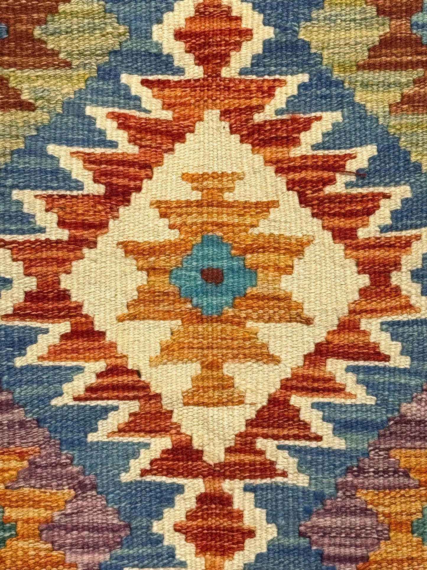 El Dokuma Uzun Kilim – Turuncu Mavi Çok Renkli Geometrik Desenli Otantik Halı (0.51 x 1.49 m) | Nomad Glow Serisi NG-0014