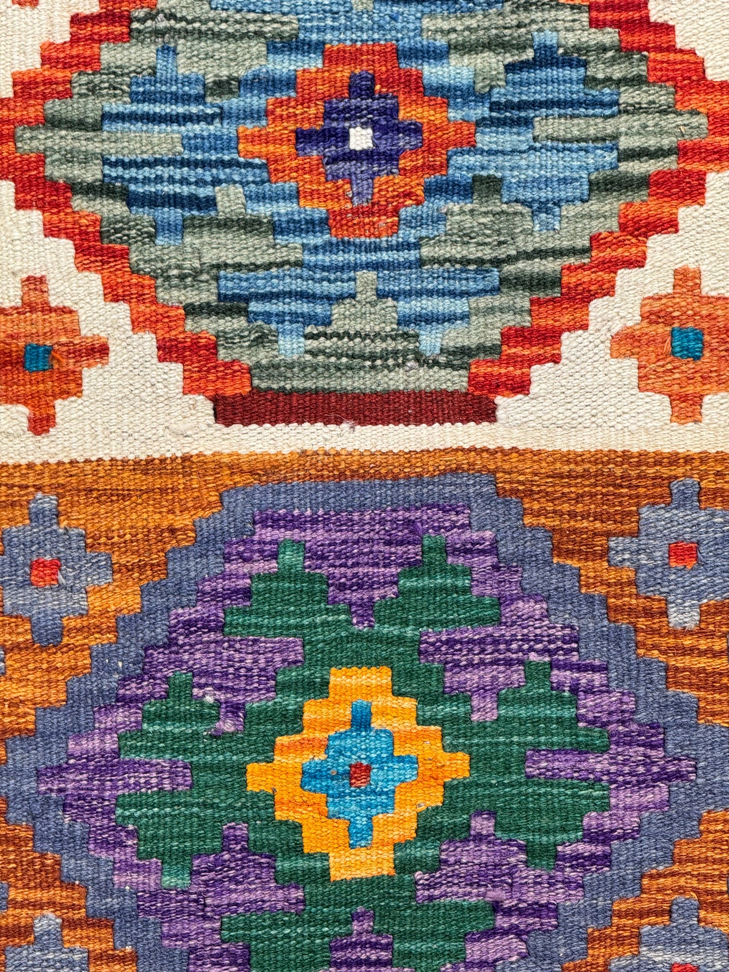 Nomad Glow El Dokuma Kilim – Turuncu Zeminli Çok Renkli Elmas Desenli Otantik Kilim (1.28 x 2.02 m) | NG-0030
