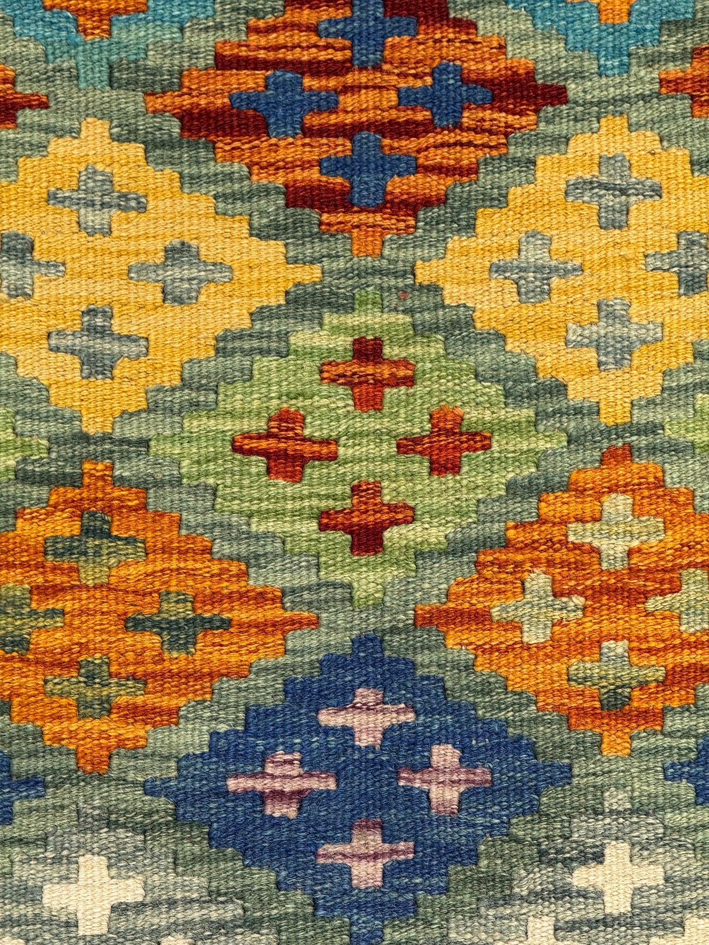 El Dokuma Uzun Kilim – Mavi Turuncu Sarı Geometrik Desenli Otantik Dekoratif Halı (0.53 x 1.40 m) | Nomad Glow Serisi NG-0016