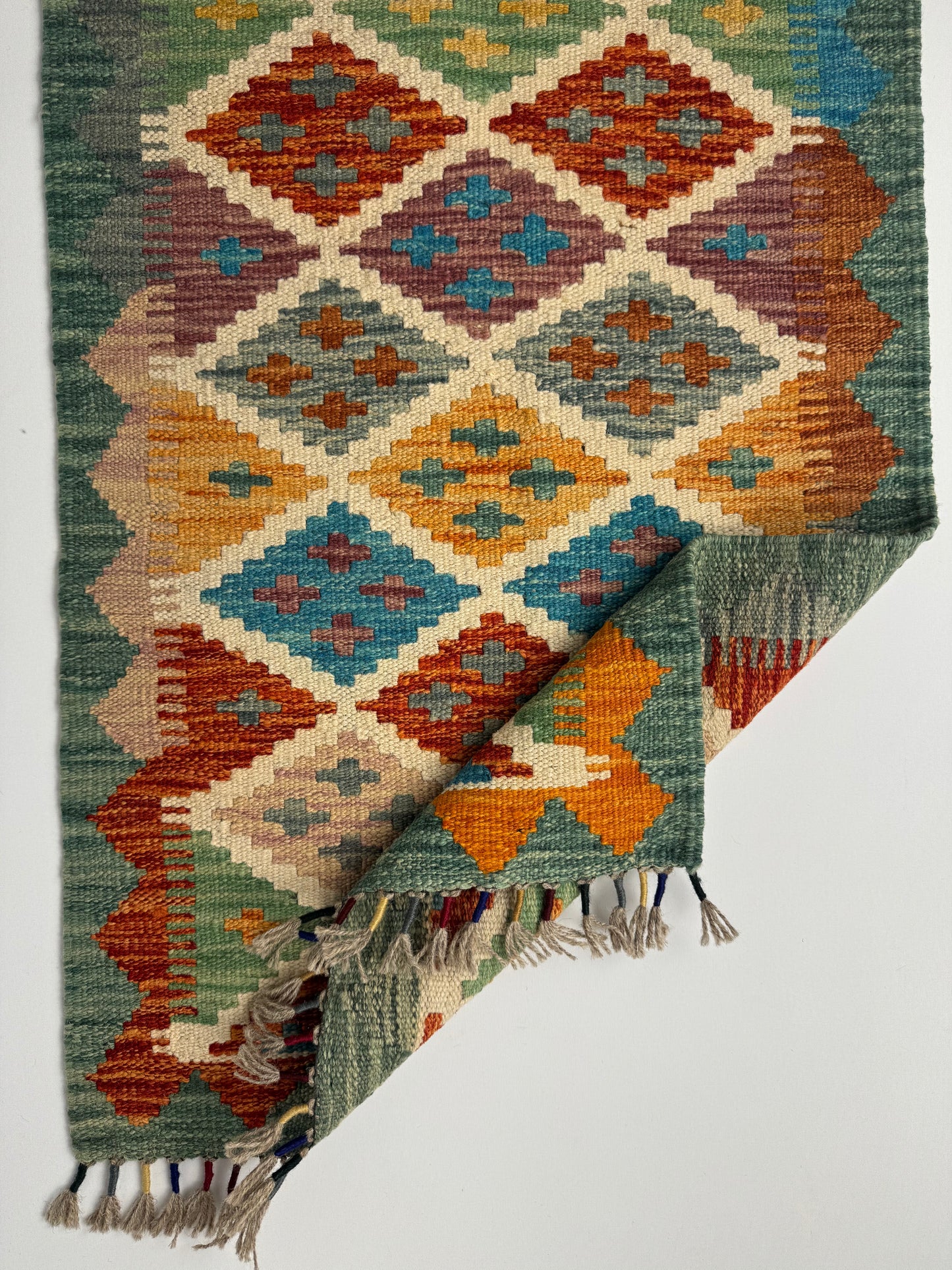 El Dokuma Uzun Kilim – Krem Turuncu Mavi Çok Renkli Geometrik Desenli Otantik Halı (0.49 x 1.41 m) | Nomad Glow Serisi NG-0015
