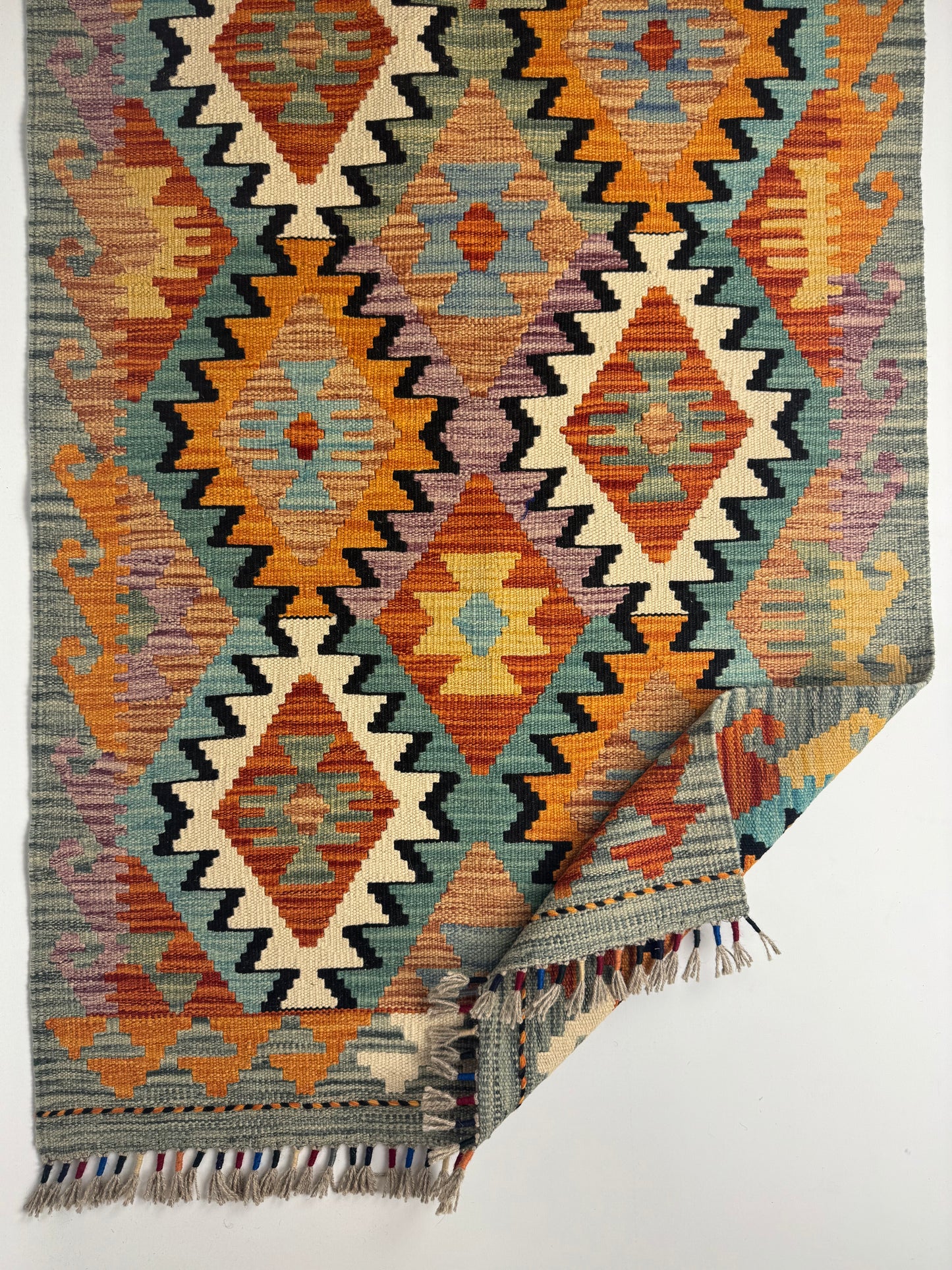 Nomad Glow El Dokuma Kilim – Turuncu ve Mavi Geometrik Desenli Otantik Kilim (0.79 x 1.27 m) | NG-0022