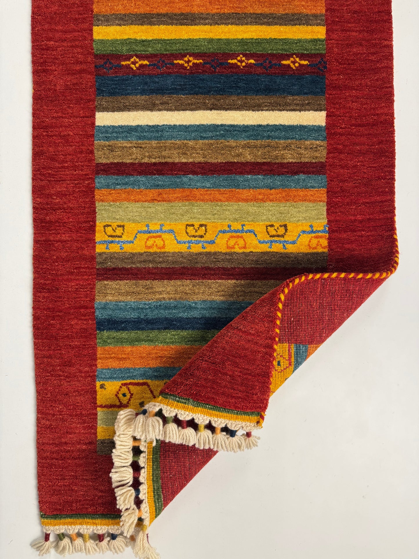 Color Loom El Dokuma Halı CL-0017 | Renkli Çizgili ve Motifli Yolluk Türk Halısı, El Yapımı Bohem Kilim