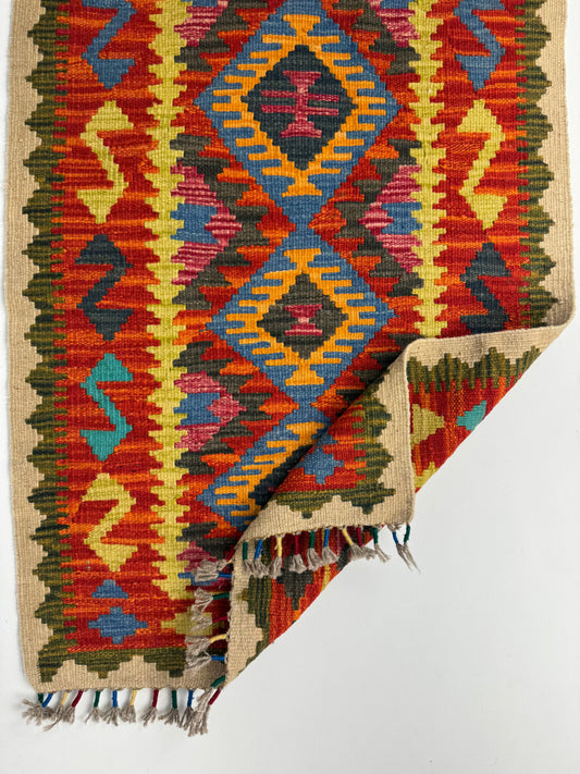 El Dokuma Kırmızı-Sarı Küçük Kilim – Canlı Geometrik Desenli Otantik Halı (0.64 x 0.90 m) | Nomad Glow Serisi NG-0008