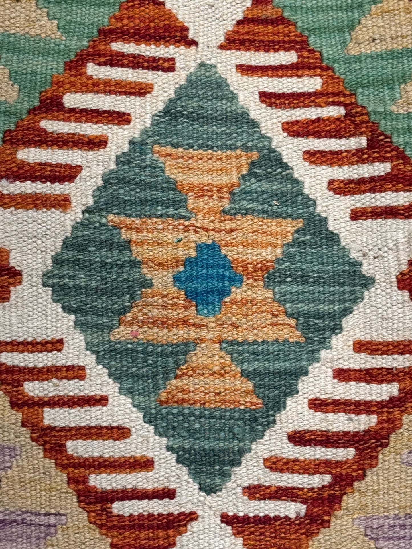 El Dokuma Turkuaz-Krem Küçük Kilim – Otantik Geometrik Desenli Dekoratif Halı (0.62 x 0.90 m) | Nomad Glow Serisi NG-0010