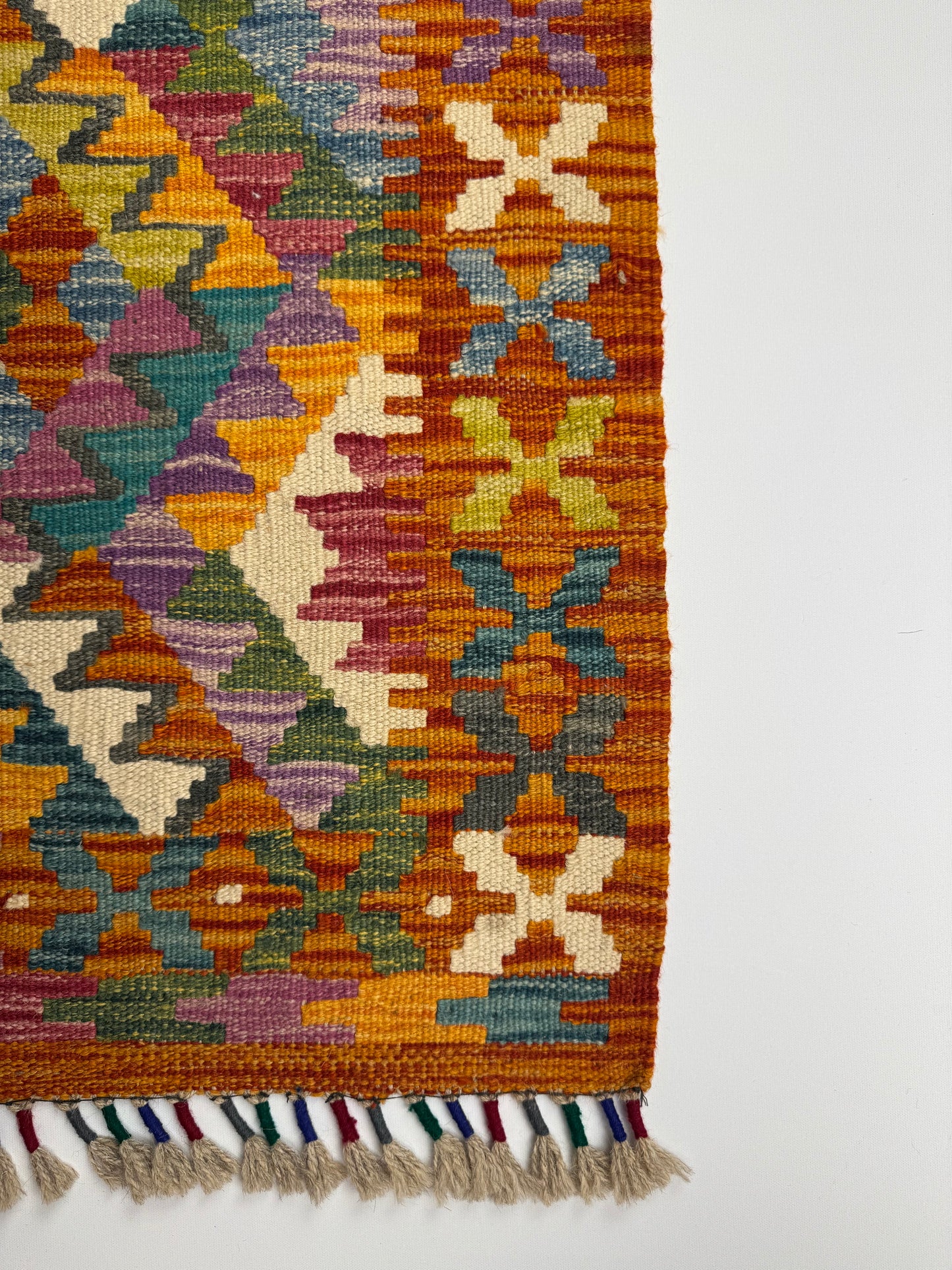 Nomad Glow El Dokuma Kilim – Turuncu Zemin Çok Renkli Geometrik Otantik Kilim (0.80 x 1.20 m) | NG-0020
