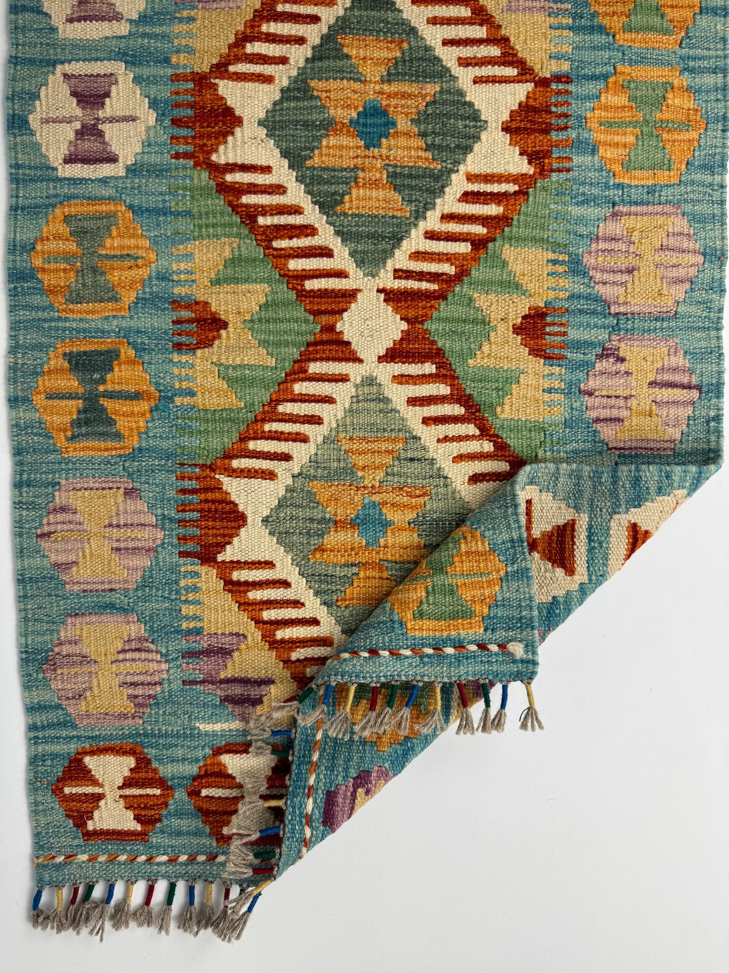 El Dokuma Turkuaz-Krem Küçük Kilim – Otantik Geometrik Desenli Dekoratif Halı (0.62 x 0.90 m) | Nomad Glow Serisi NG-0010
