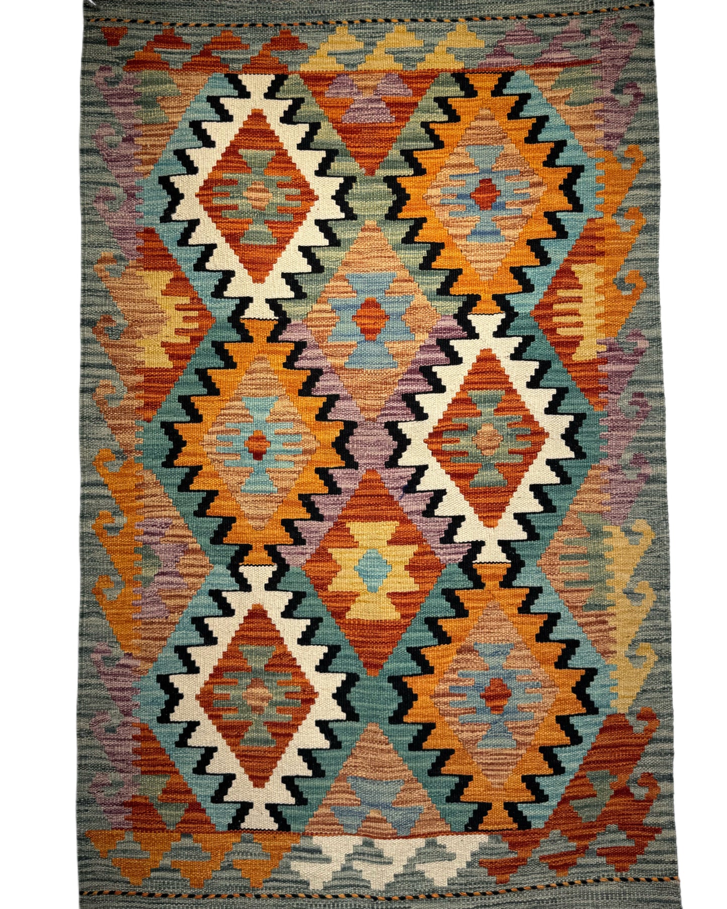 Nomad Glow El Dokuma Kilim – Turuncu ve Mavi Geometrik Desenli Otantik Kilim (0.79 x 1.27 m) | NG-0022