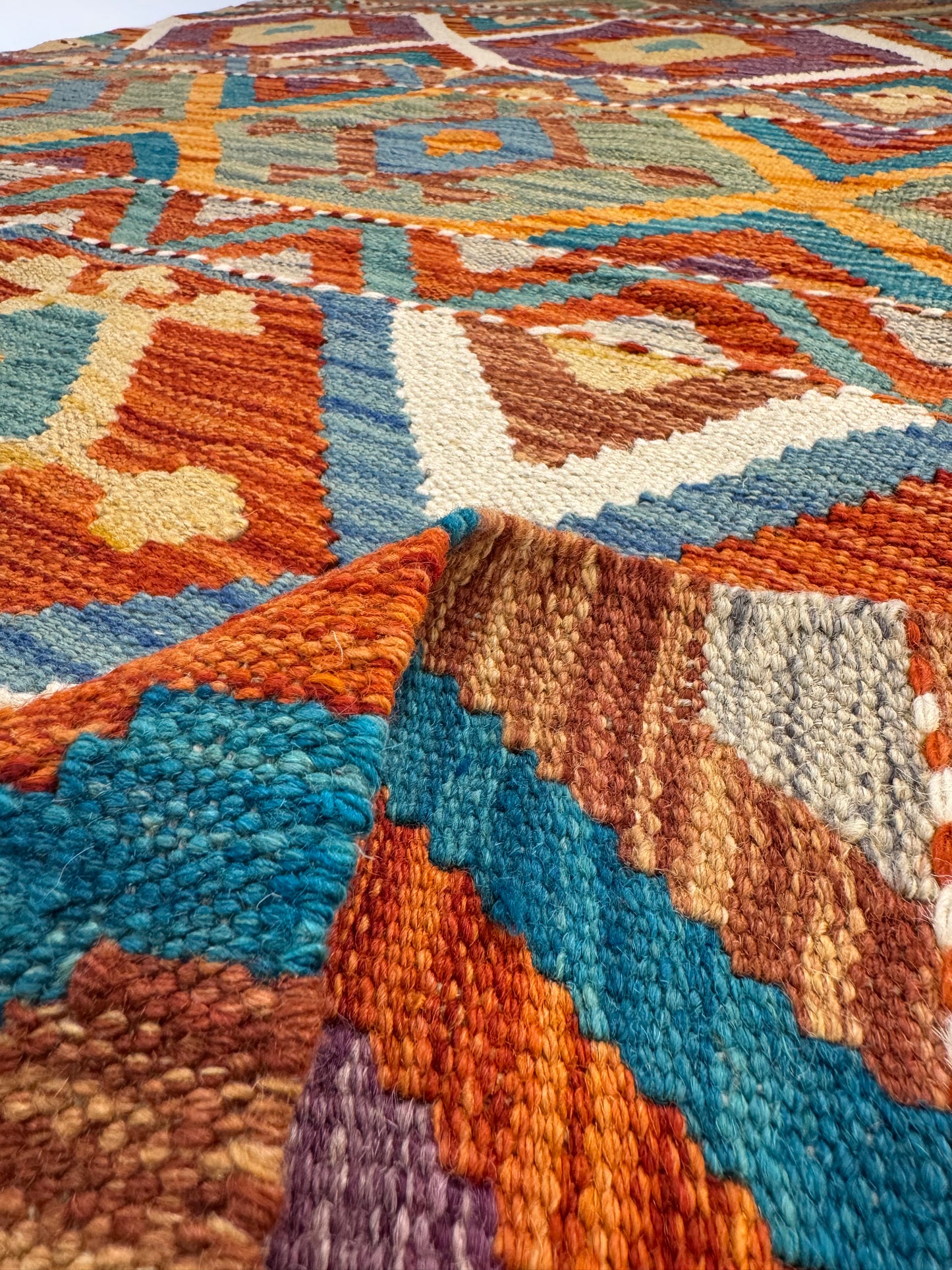 Nomad Glow El Dokuma Kilim – Çok Renkli Elmas ve Geometrik Desenli Otantik Kilim (1.22 x 1.81 m) | NG-0032