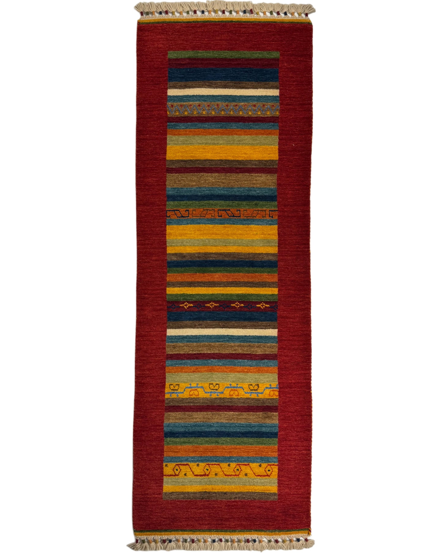 Color Loom El Dokuma Halı CL-0017 | Renkli Çizgili ve Motifli Yolluk Türk Halısı, El Yapımı Bohem Kilim