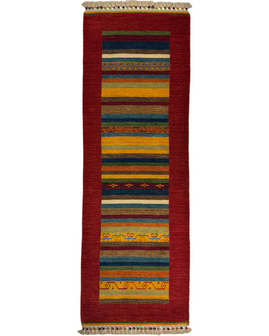 Color Loom El Dokuma Halı CL-0017 | Renkli Çizgili ve Motifli Yolluk Türk Halısı, El Yapımı Bohem Kilim
