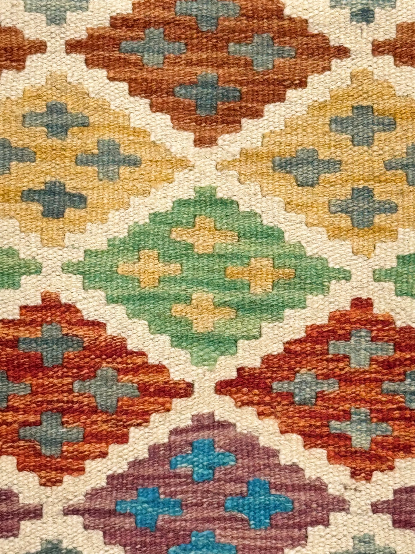 El Dokuma Uzun Kilim – Krem Turuncu Mavi Çok Renkli Geometrik Desenli Otantik Halı (0.49 x 1.41 m) | Nomad Glow Serisi NG-0015