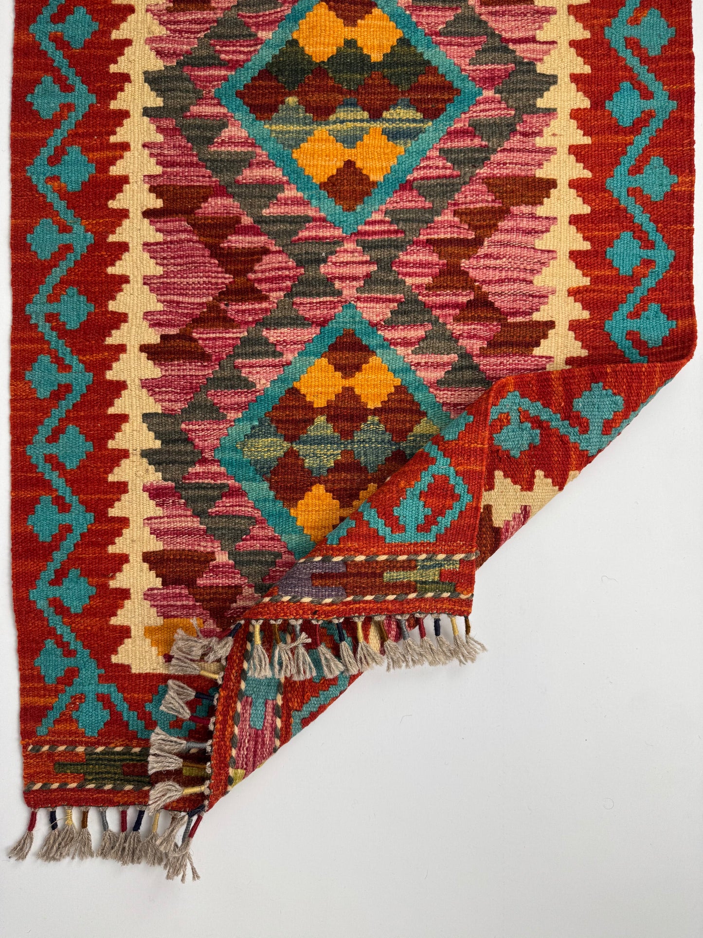 El Dokuma Kırmızı-Turkuaz Küçük Kilim – Etnik Desenli Dekoratif Otantik Halı (0.61 x 0.94 m) | Nomad Glow Serisi NG-0007