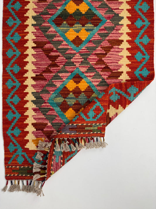 El Dokuma Kırmızı-Turkuaz Küçük Kilim – Etnik Desenli Dekoratif Otantik Halı (0.61 x 0.94 m) | Nomad Glow Serisi NG-0007