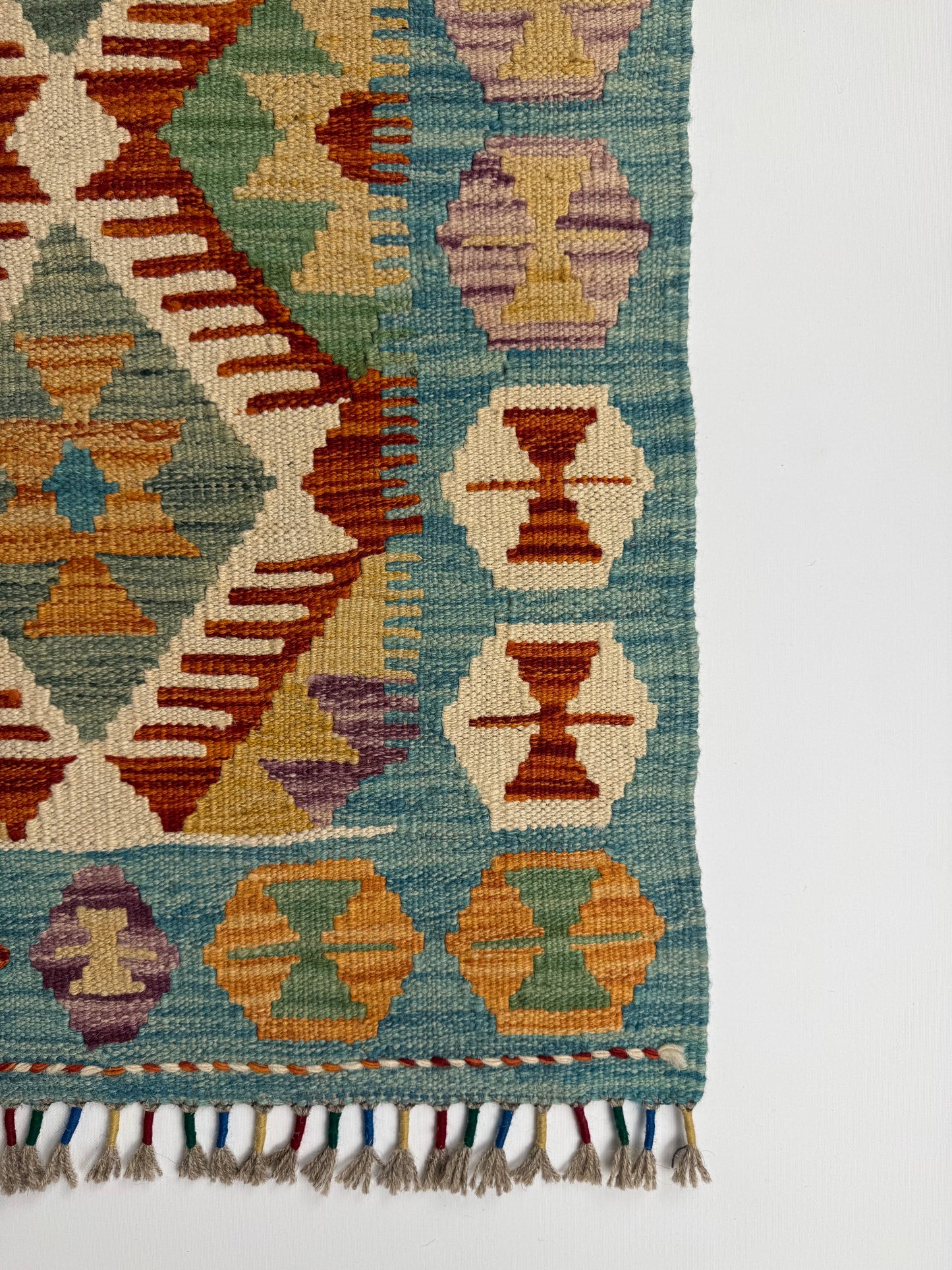 El Dokuma Turkuaz-Krem Küçük Kilim – Otantik Geometrik Desenli Dekoratif Halı (0.62 x 0.90 m) | Nomad Glow Serisi NG-0010