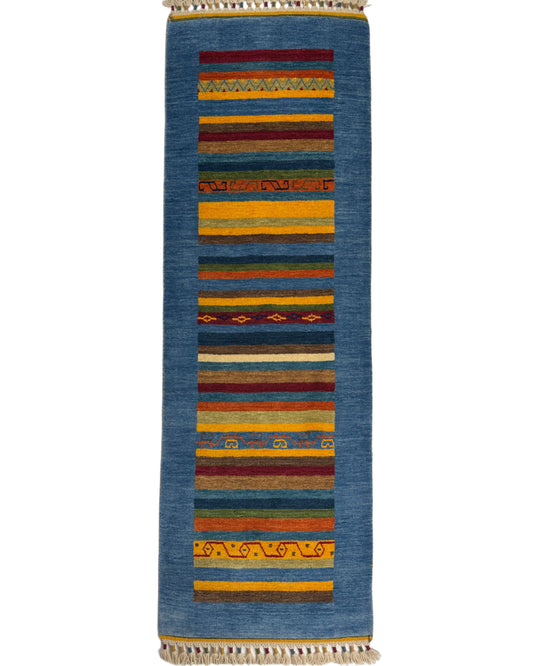 Color Loom El Dokuma Halı CL-0018 | Mavi Çizgili ve Motifli Yolluk Türk Halısı, El Yapımı Bohem Kilim